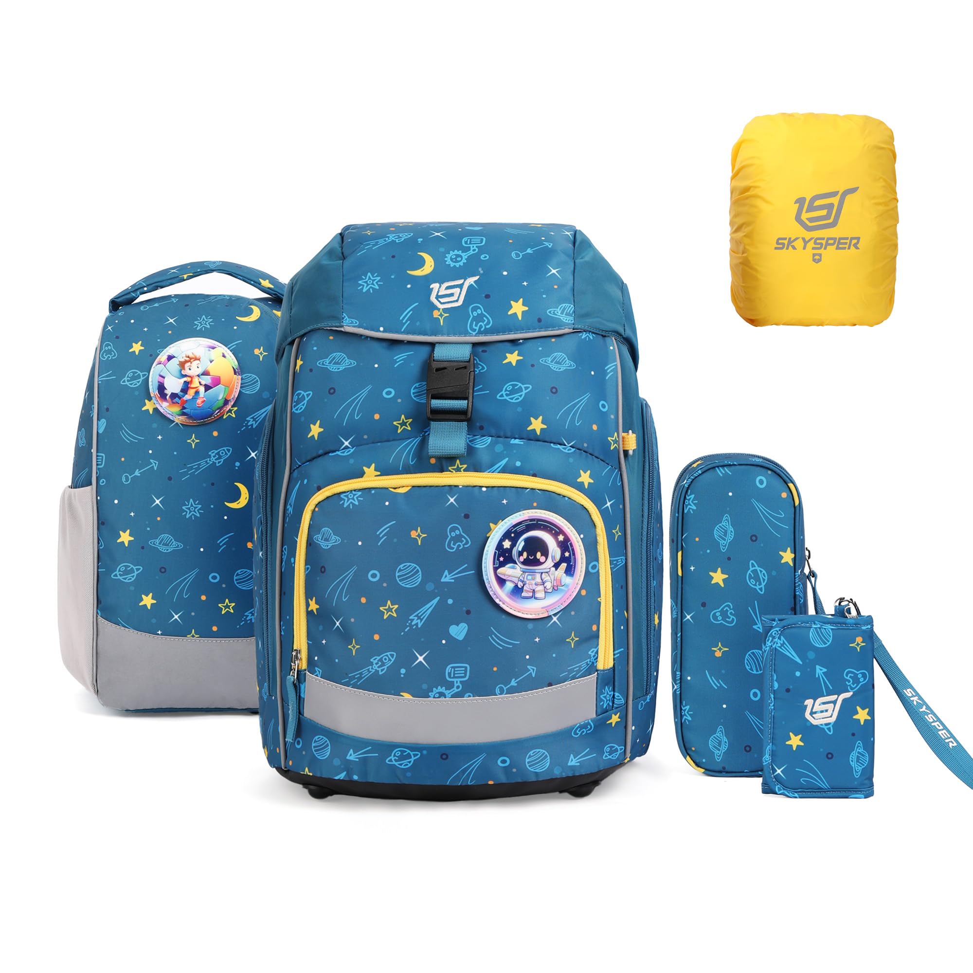 SKYSPER Schulranzen-Set 5-teilig, Schulrucksack Ergonomischer Tragesystem | Schulranzen mit Regenhülle, 360 Grad Reflexstreifen, für Mädchen Jungen Kinder 1. klasse Outdoor Aktivitäten