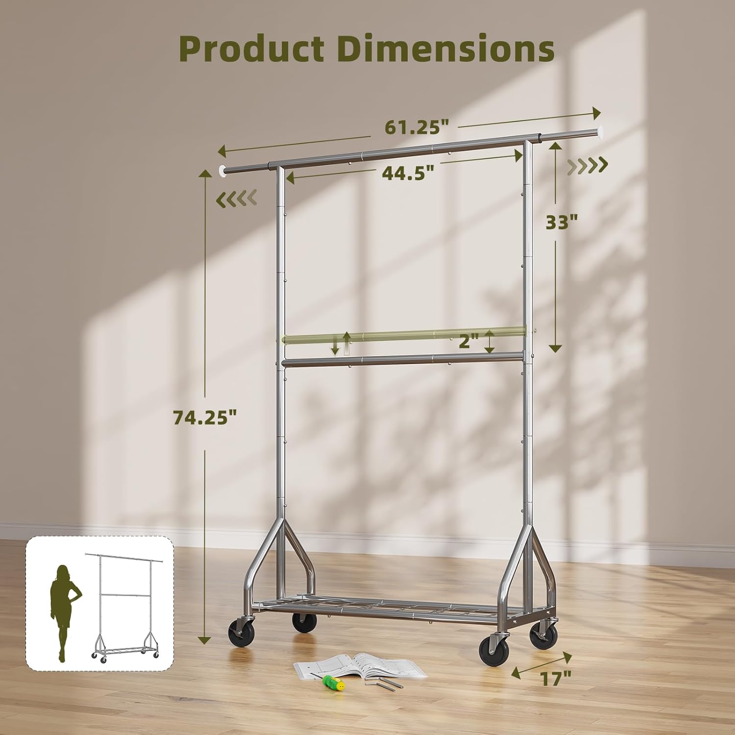 Simple Trending Heavy Duty Clothes Rack, Double Rod Clothing Rack for Hanging Clothes, Rolling Garment Racks with Lockable Wheels, for Bedroom Laundry Living Room, Chrome