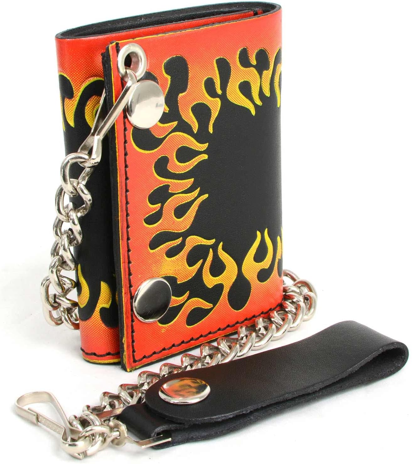 Milwaukee Leather MLW7832 Men's 4” Leather “Flamed” Tri-Fold Biker Wallet w/Anti-Theft Stainless Steel Chain - One Size