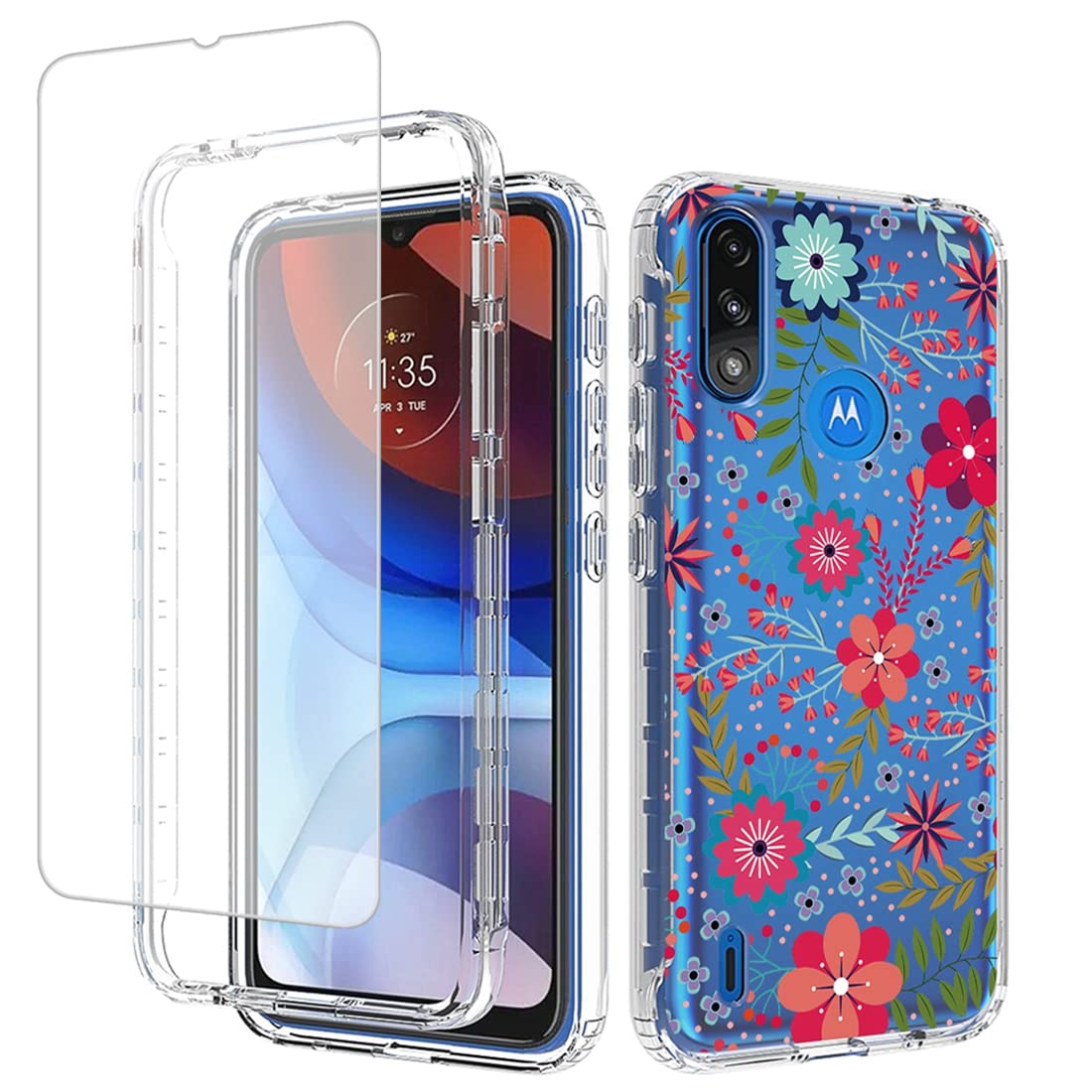 Custodia Per Motorola Moto E7 Con Vetro Temperato – Cover Floreale Con Farfalle, Protezione Totale - 3