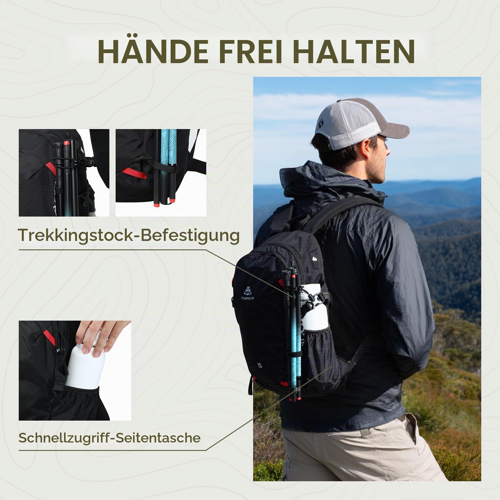 Haimont 15L Wanderrucksack - Ultraleichter Tagesrucksack für Herren & Damen, Wasserabweisender Daypack für Reisen & Trekking
