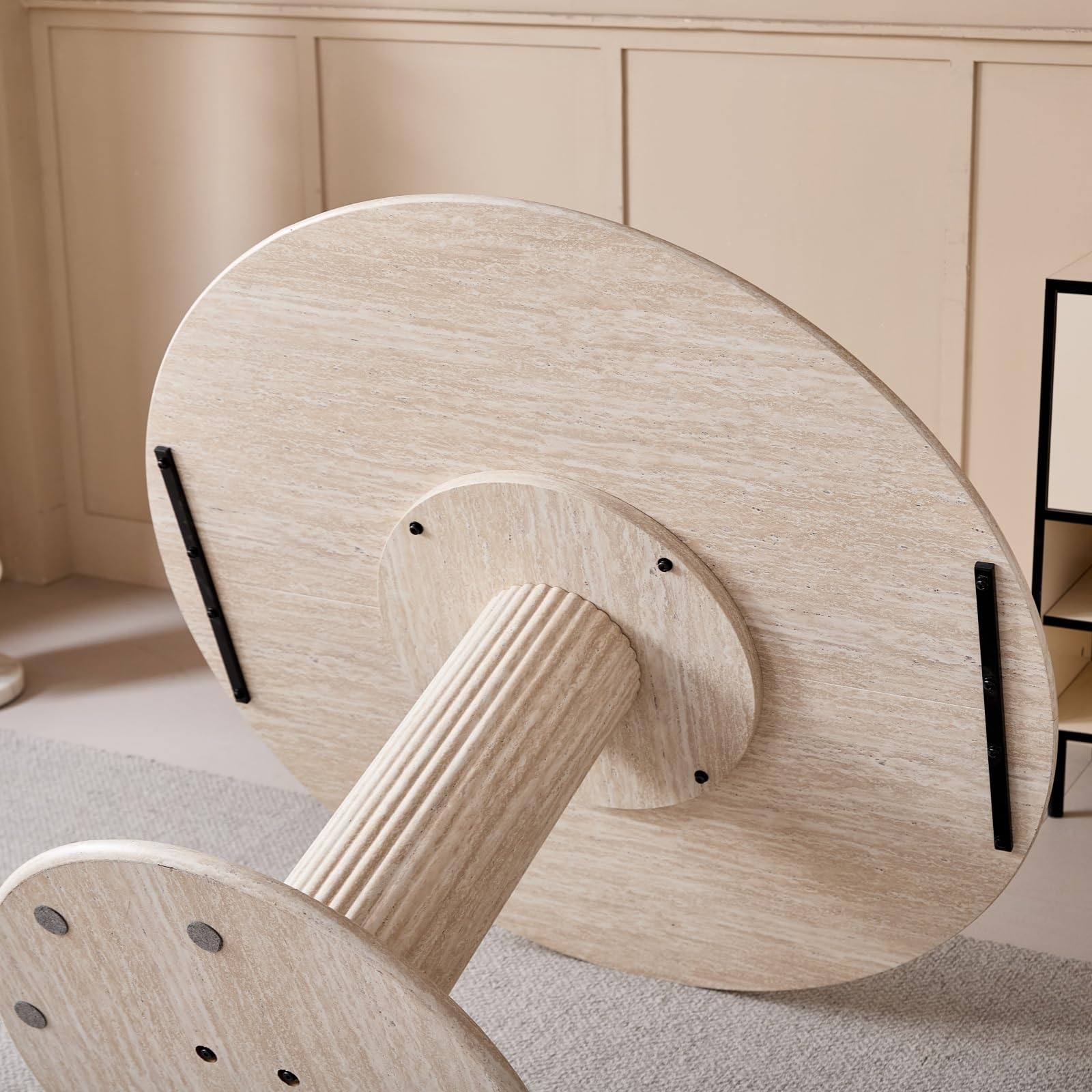 Table à Manger Ronde, Pieds Cylindriques, Aspect Marbre, Design Minimaliste Moderne, pour Salon ou Cuisine, 115 x 115 x 75 cm - Travertin Jaune