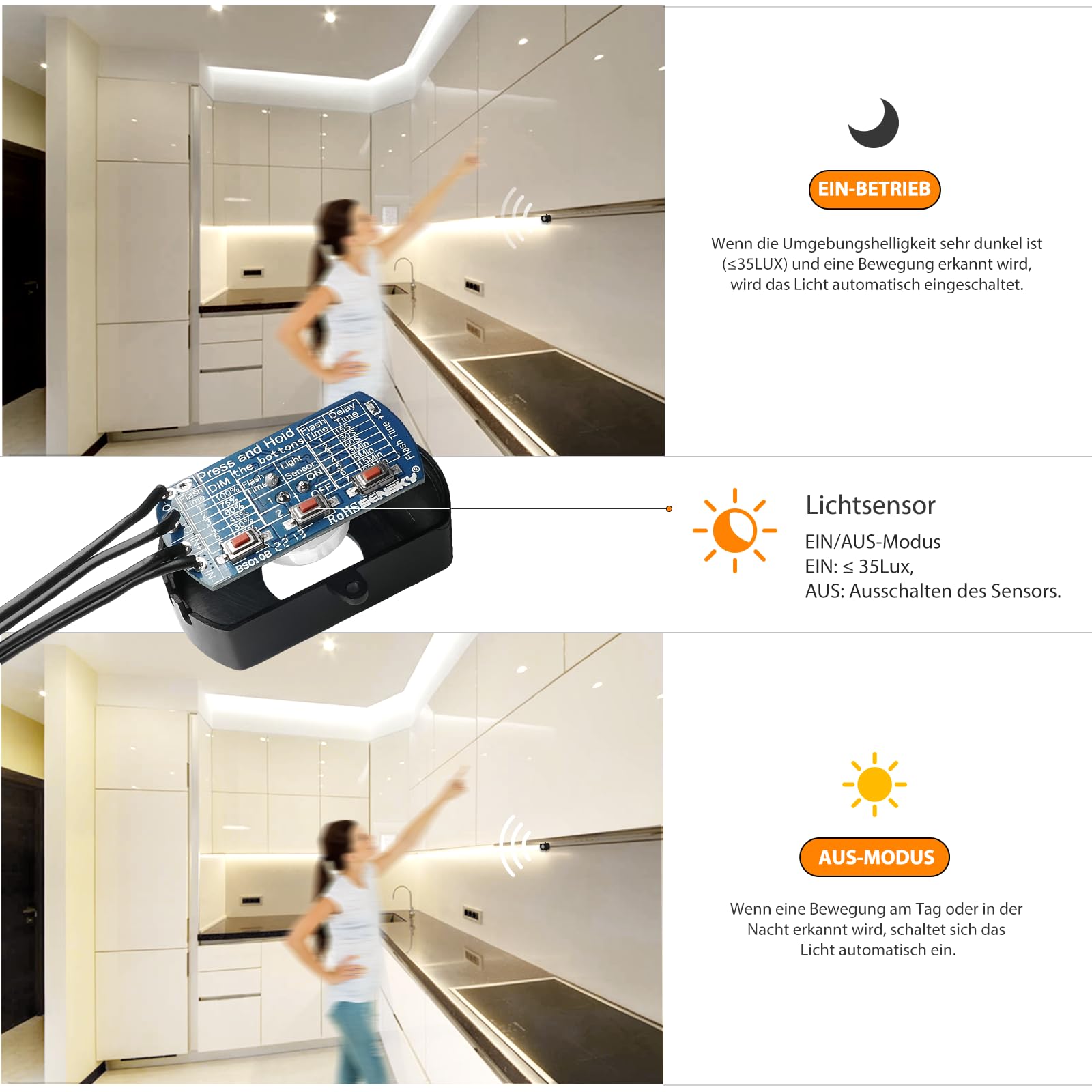 Sensky Striscia LED da 6 m, dimmerabile, con sensore di movimento PIR, per interni, 12 V, luce bianca fredda, 6000 K, illuminazione per corridoio, armadio, cucina