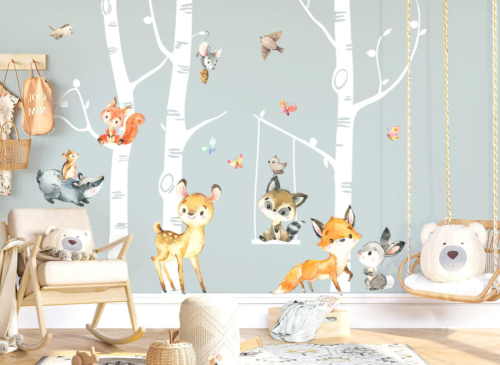Wandsticker Groß Birkenstämme Set Wandtattoo Waldtiere Kinderzimmer Babyzimmer Wandaufkleber Fuchs REH Wanddeko DK1094-4