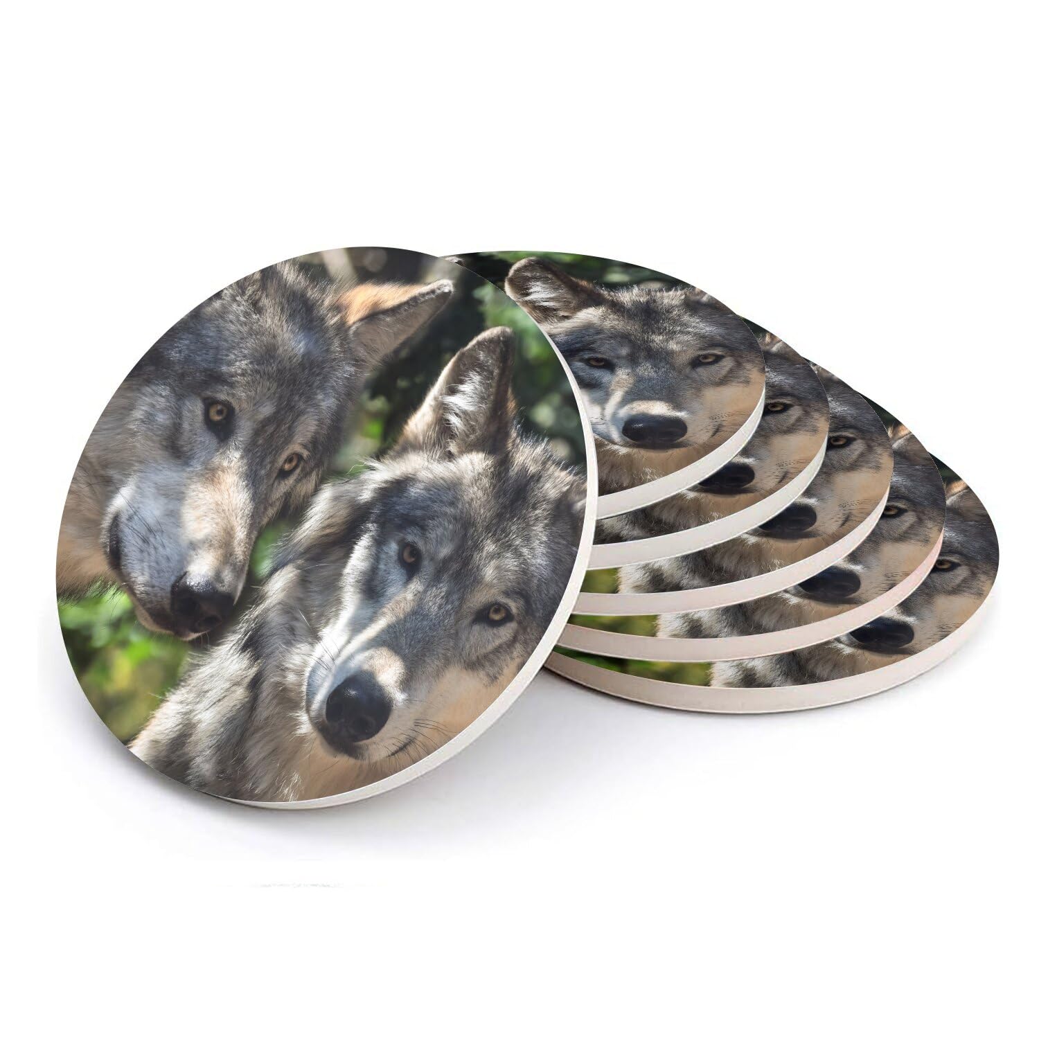 Sous verre ronds en céramique de loup avec dessous en liège naturel pour table lot de 6