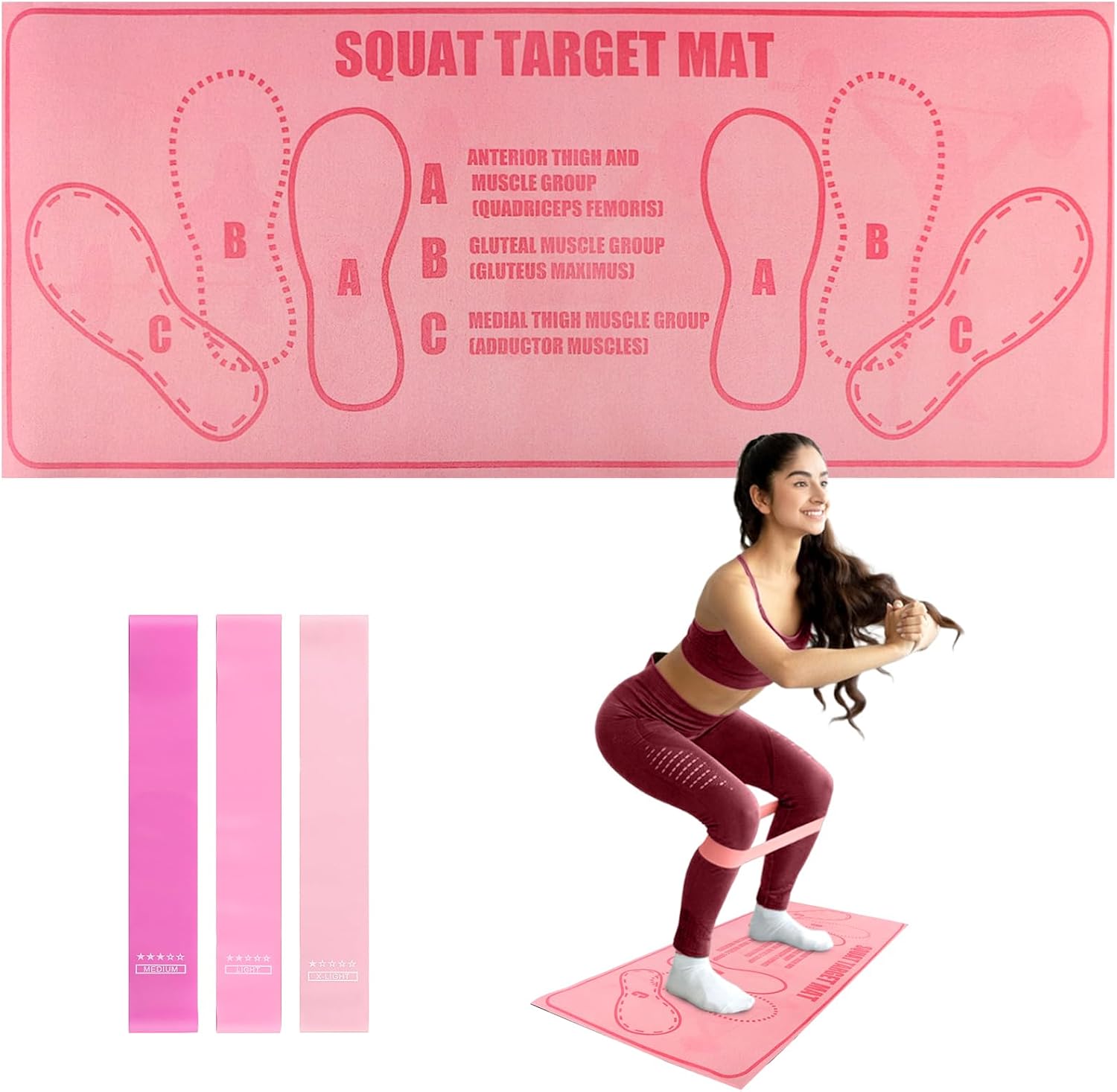 Squat Mat with Foot Position Guide, 4mm Thick 31.5" x 13.54" Anti‑Slip Workout Pad, Home Gym Leg Glute Training Mat Set with 3 Resistance Bands (Pink)