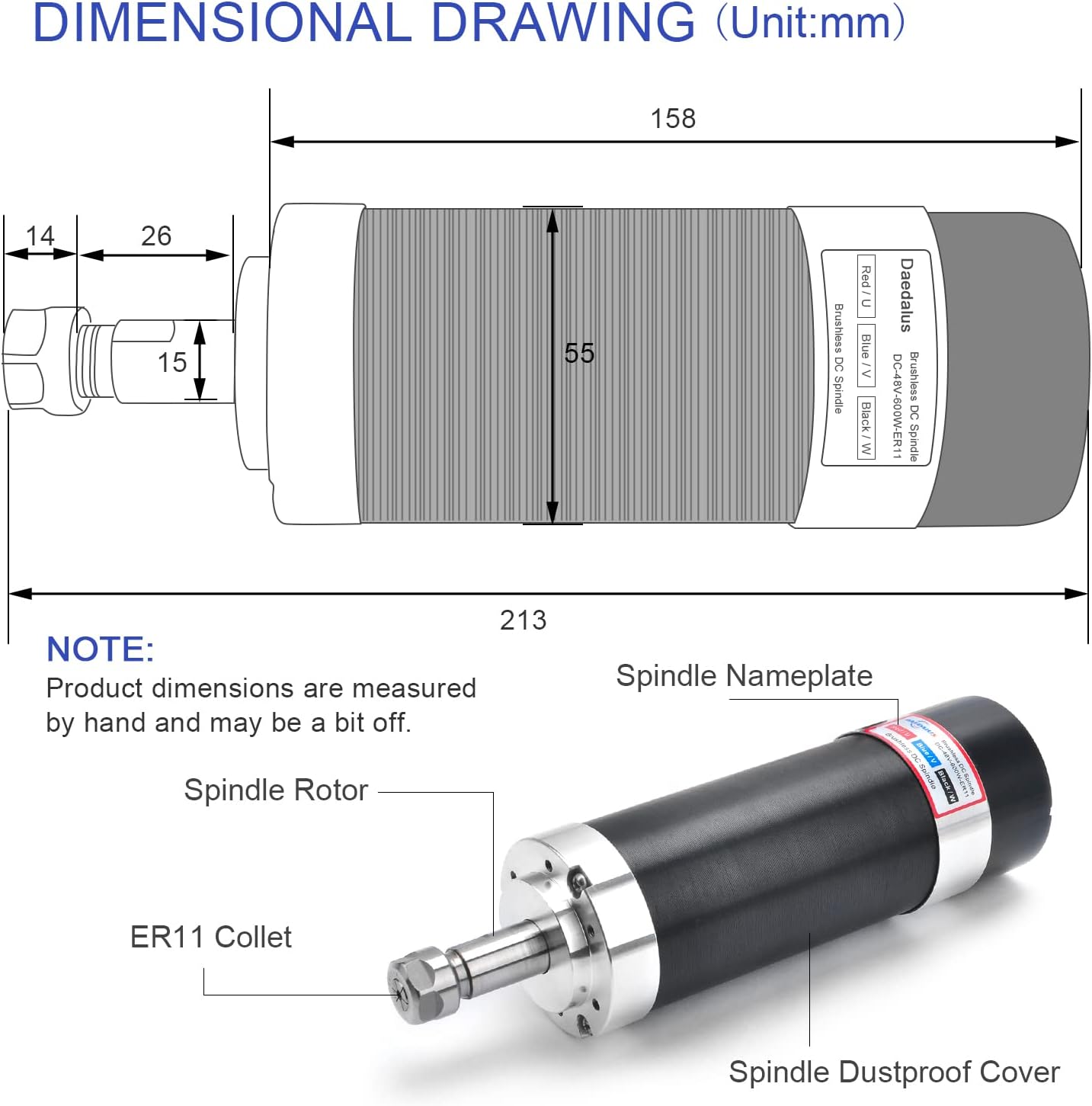 Daedalus CNC Brushless Spindle Motor Kit, 600w, ER11, 48V DC, 9000RPM