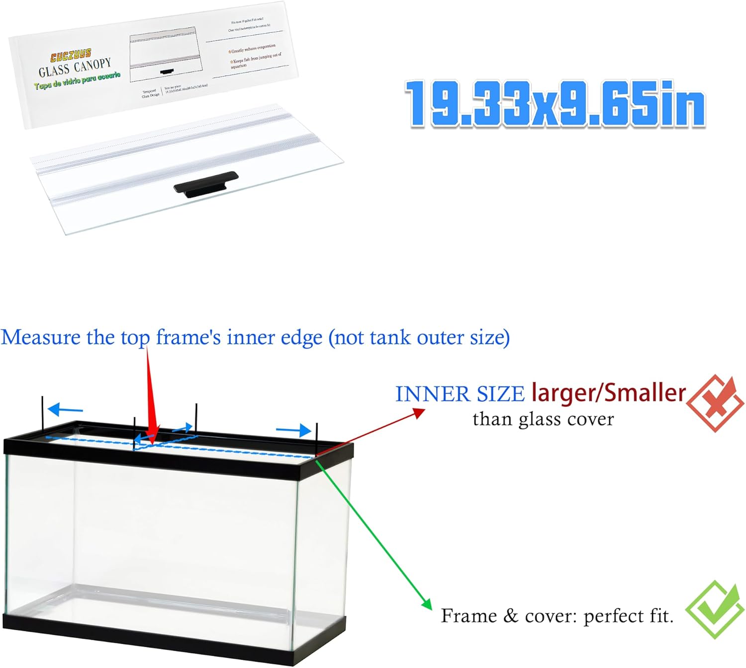 19.33x9.65in Clear Tempered Glass Canopy,Aquarium Fish Tank Hoods FITS for Most 10 Gallon Fish Tanks (Aqueon)