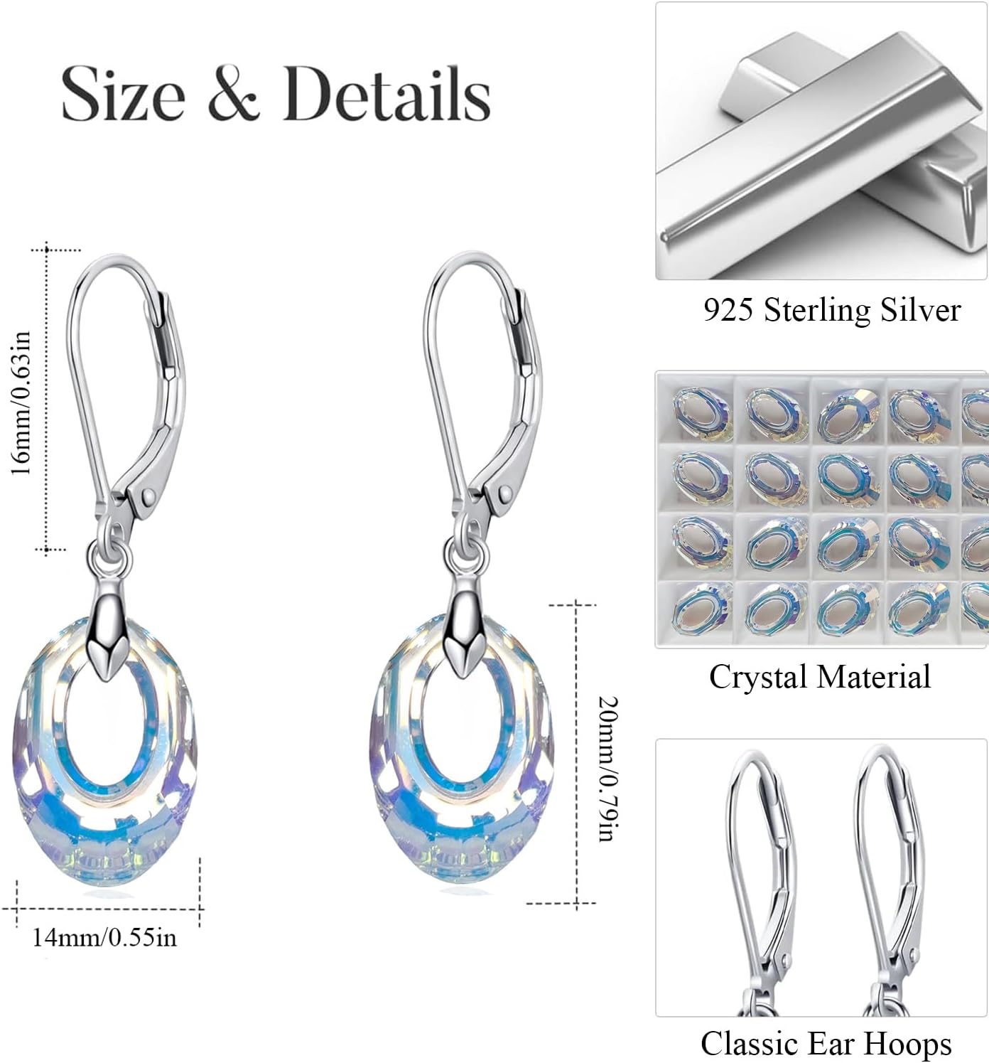 Austrian Crystal Leverback Dangle Earrings for Women,Lightweight Sterling Silver Hypoallergenic Earrings Jewelry Gifts - Image 2
