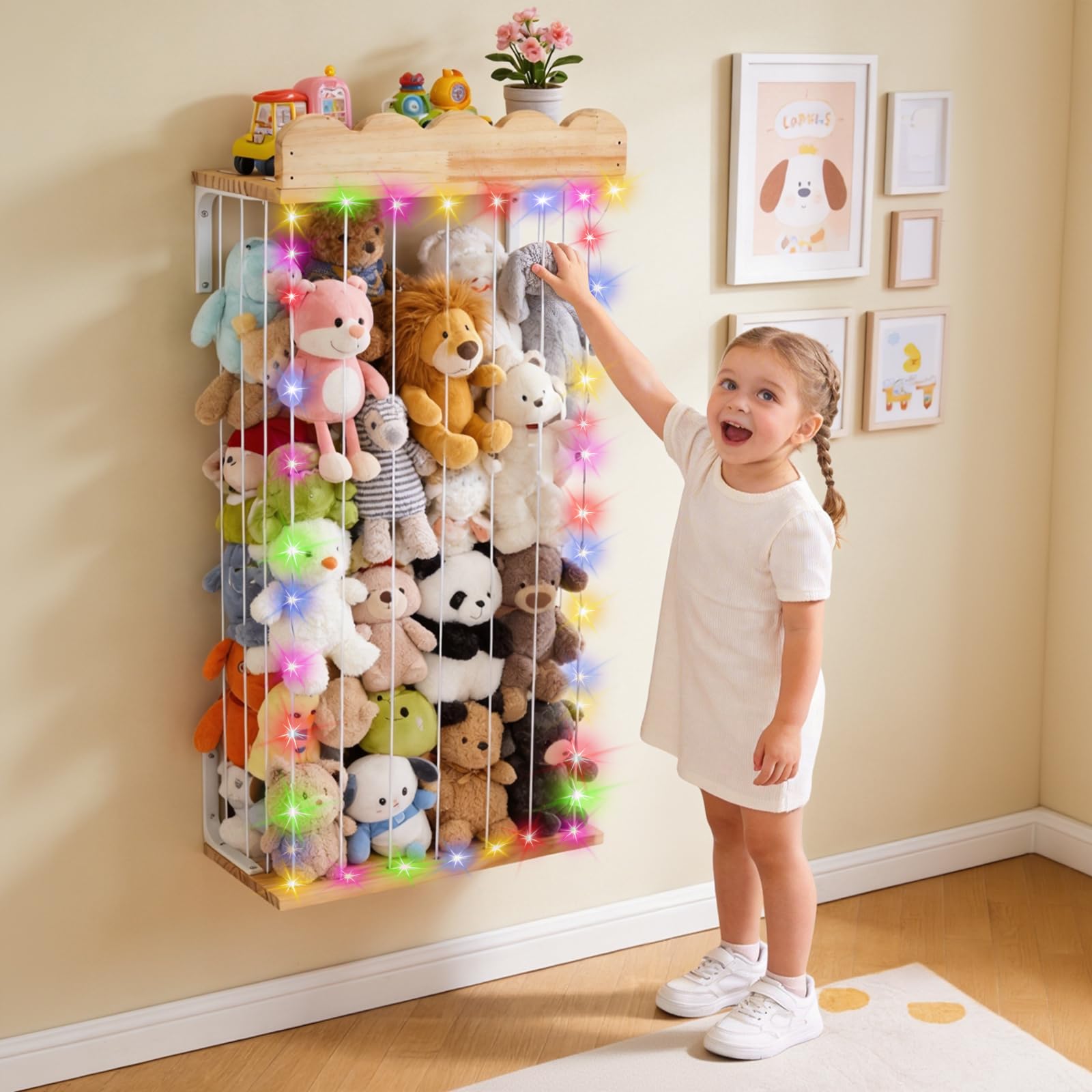 Rangement Peluche de Enfant, Mural Suspendu Range Peluche en Bois Gain de Place, 183 * 43 * 20CM Rangement Jouet Enfant pour Salle de Jeux, Chambre d'enfant, Chambre à Coucher,Hauteur Ajustable