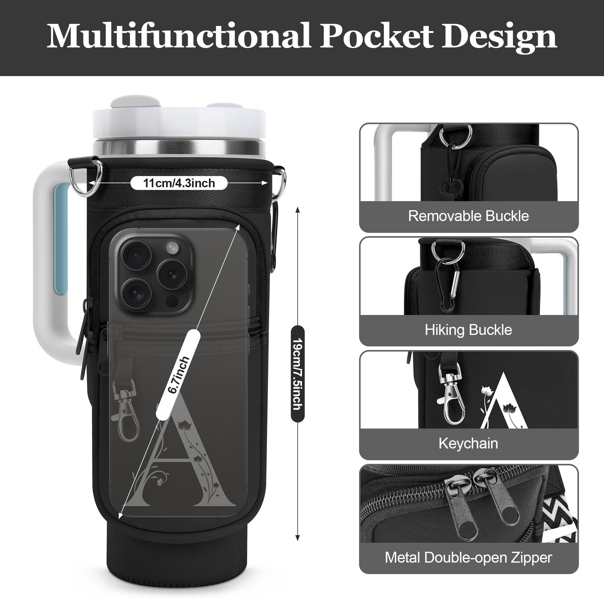 LOKASS Stanley Cup Accessories 40 oz Water Bottle Carrier Bag with Phone Pocket, Personalized Gifts with Floral Initial A-Z for Women/Girls/Fans