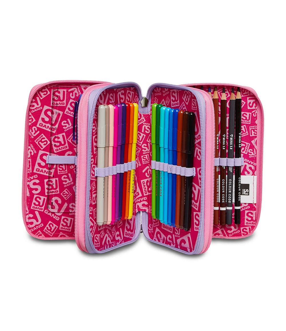 SJ GANG STYLE JAM GANG Astuccio 3 ZIP Bambine e Ragazze, Rosa, 12,5 x 20 x 7 cm