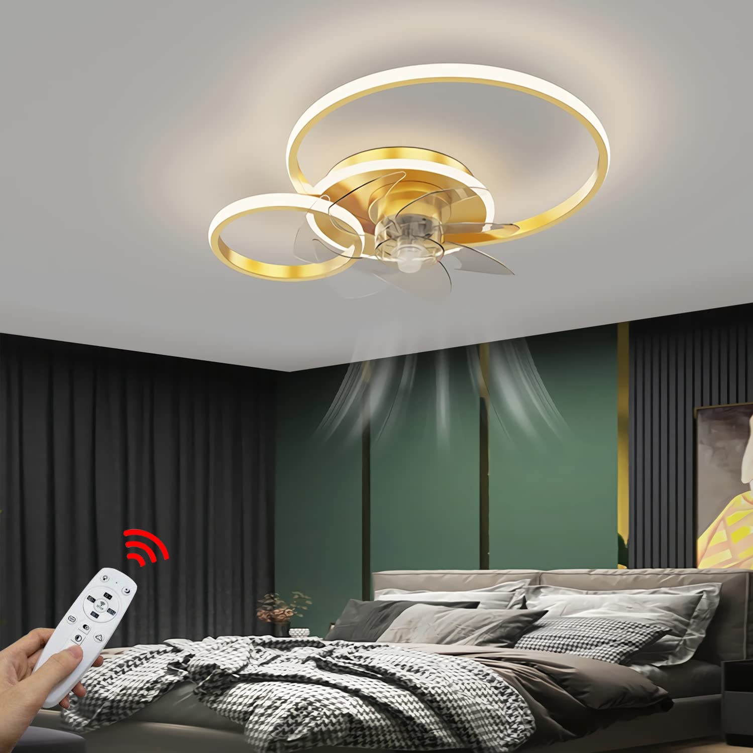 WJYCYN Modern Quiet Ceiling Fan with Lighting LED Living Room Ceiling Light Dimmable with Fan and Remote Control Ultra Thin Ring Fan Lamp for Bedroom Kitchen Children's Room Lights (Gold, 2 Rings)