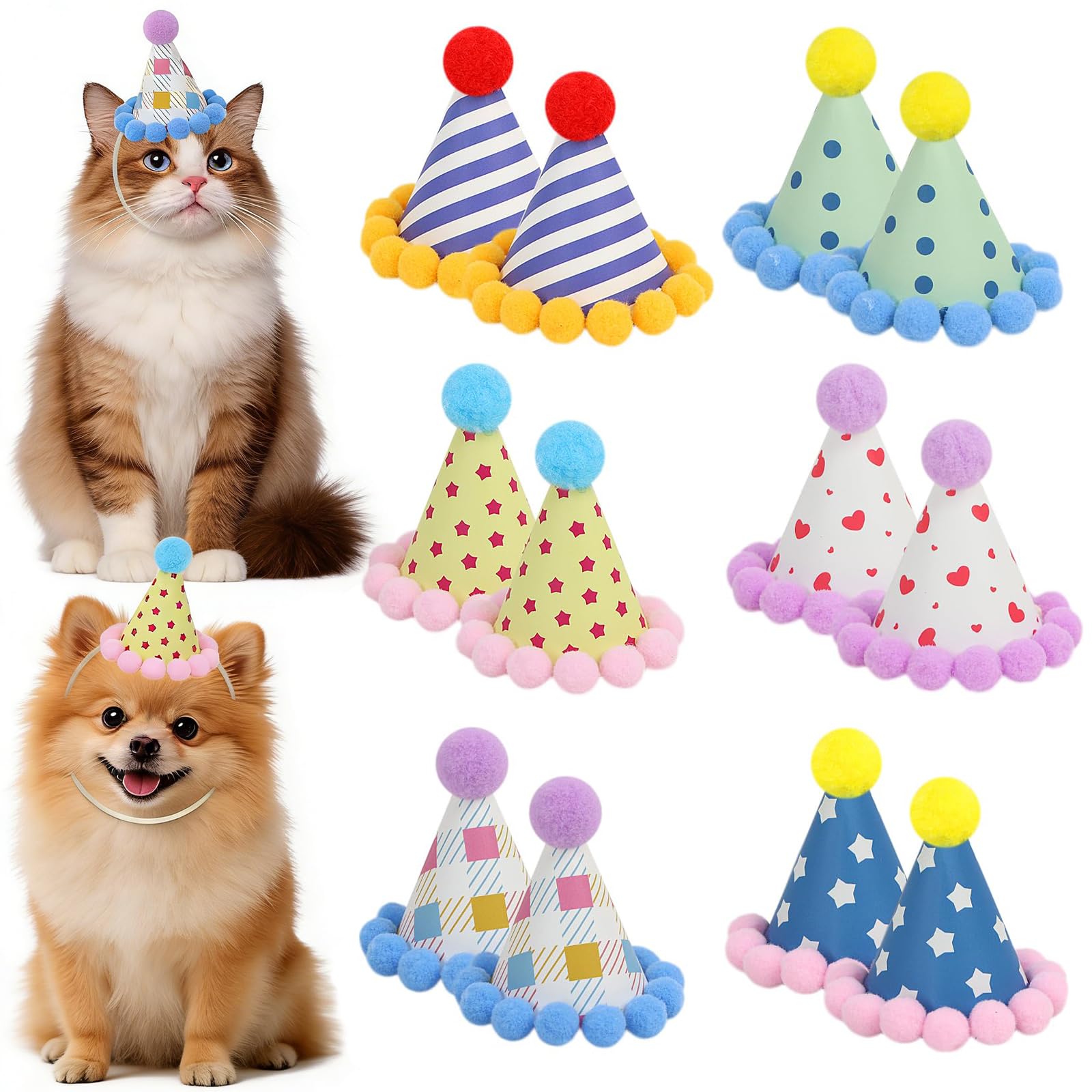 Nymora 12 Pet Hats, 6 Styles Mini Party Hats for Stuffed Animals & Dogs, Tiny Birthday Hats - Rainbow Party Hats Reusable Photo Props