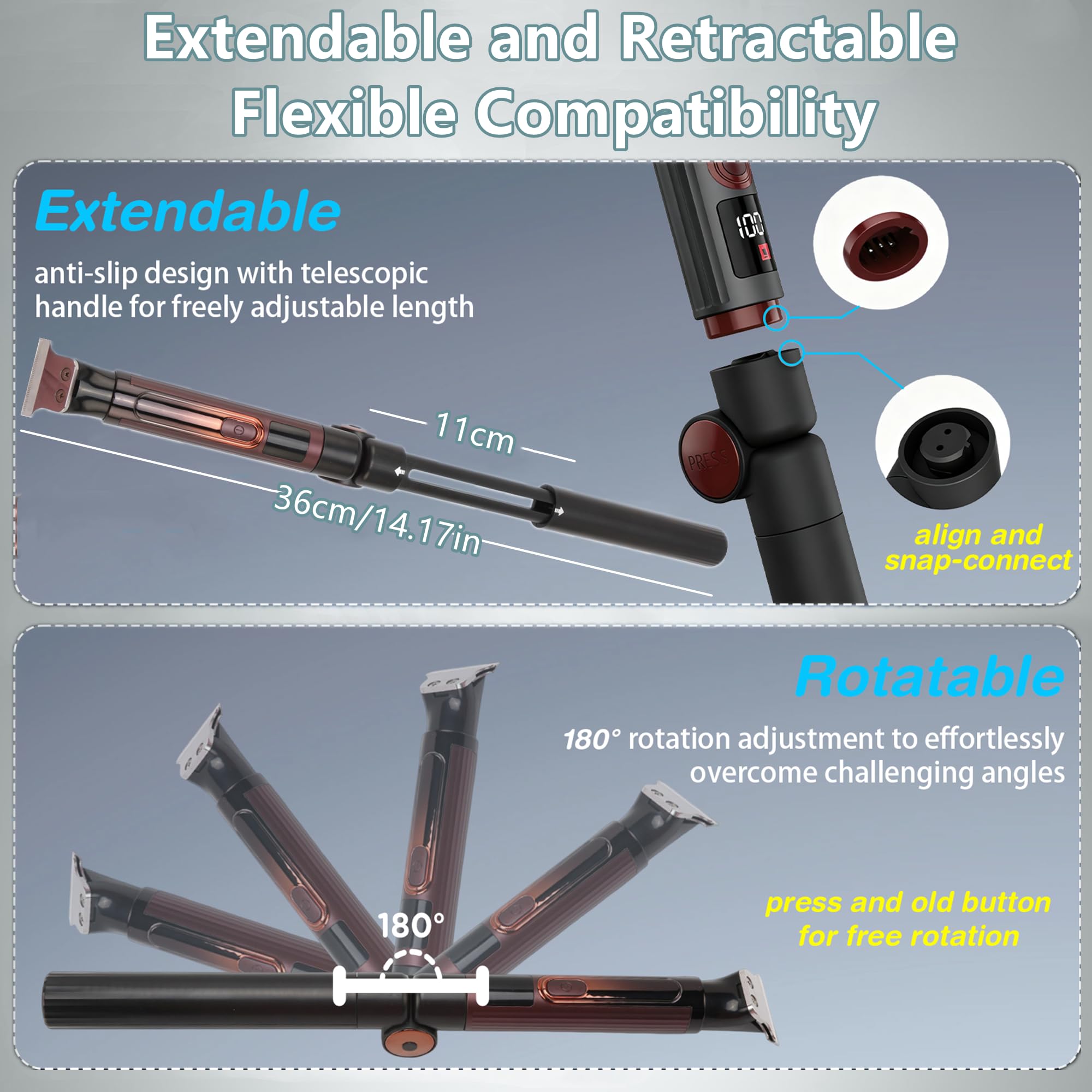 Rasoio elettrico per la schiena da uomo 4 in 1, kit per la cura del corpo con manico di estensione regolabile, display a LED impermeabile, rasoio pieghevole per il corpo da uomo
