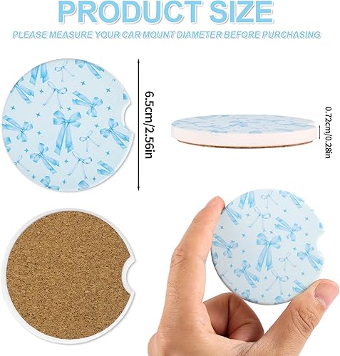 Miniatura 2 de 2 posavasos de automóvil con lazo azul, almohadilla de corcho de cerámica con muesca de dedo, accesorios de automóvil para interiores para mujeres y