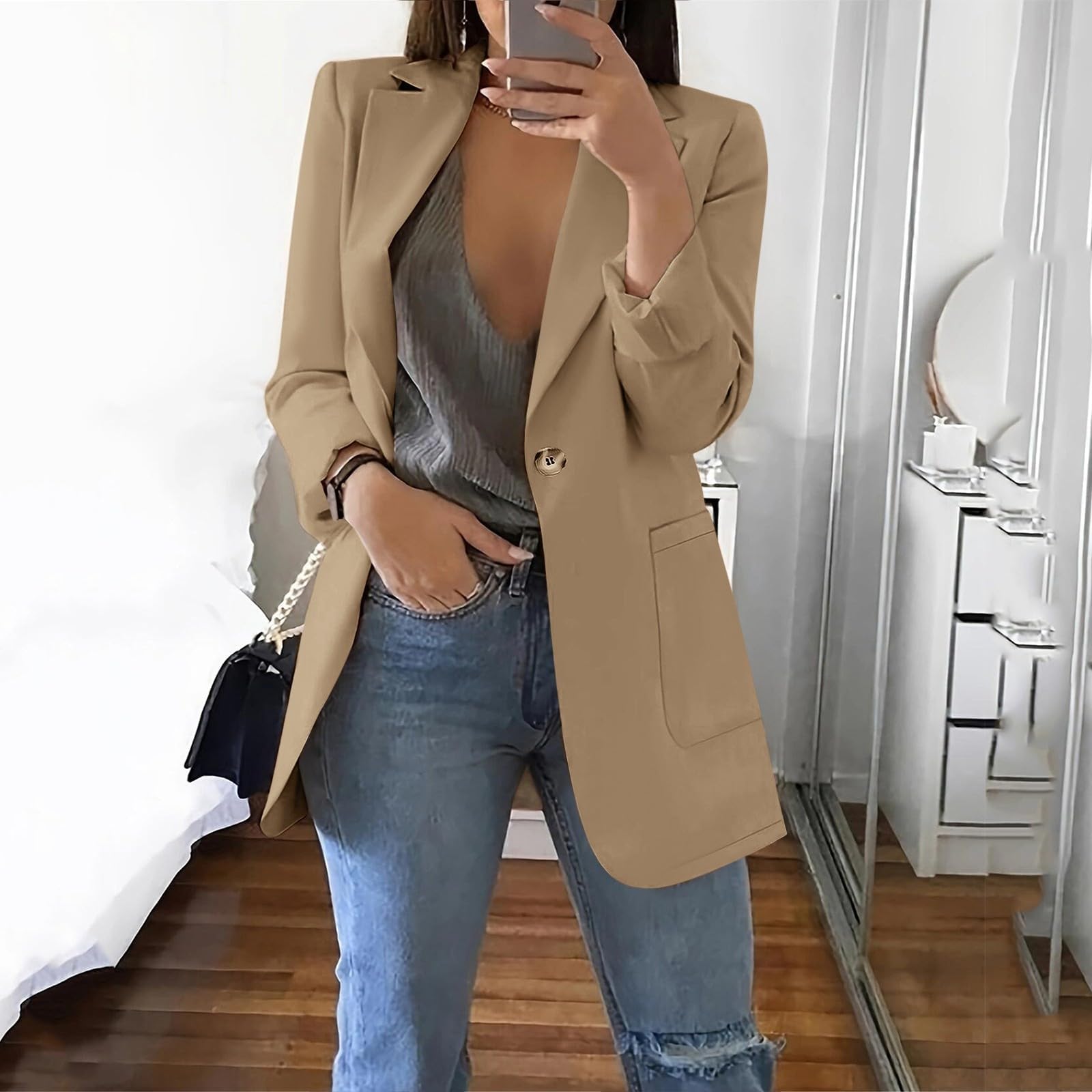 Blazer da donna a maniche lunghe con lapel e bottoni, elegante giacca con apertura frontale e tasche, blazer da lavoro, slim fit, per ufficio ed occasioni eleganti
