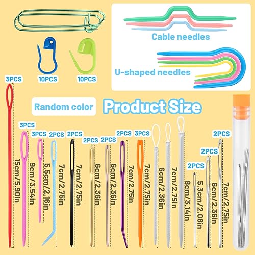 Miniatura 9 de Juego de 70 agujas de hilo, kit de agujas de zurcer, kit de agujas romas de ojo grande con aguja de tapiz doblada, agujas de tejer, agujas de coser
