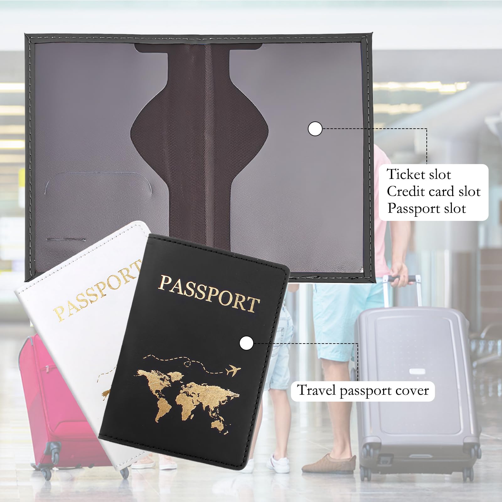 Etui na paszport, skóra PU, etui na paszport, czarno-białe, spersonalizowane etui na paszport, portfel podróżny, podwójny rękaw na paszport, ochraniacz na paszport, kartę pokładową, 2 szt, Czarny
