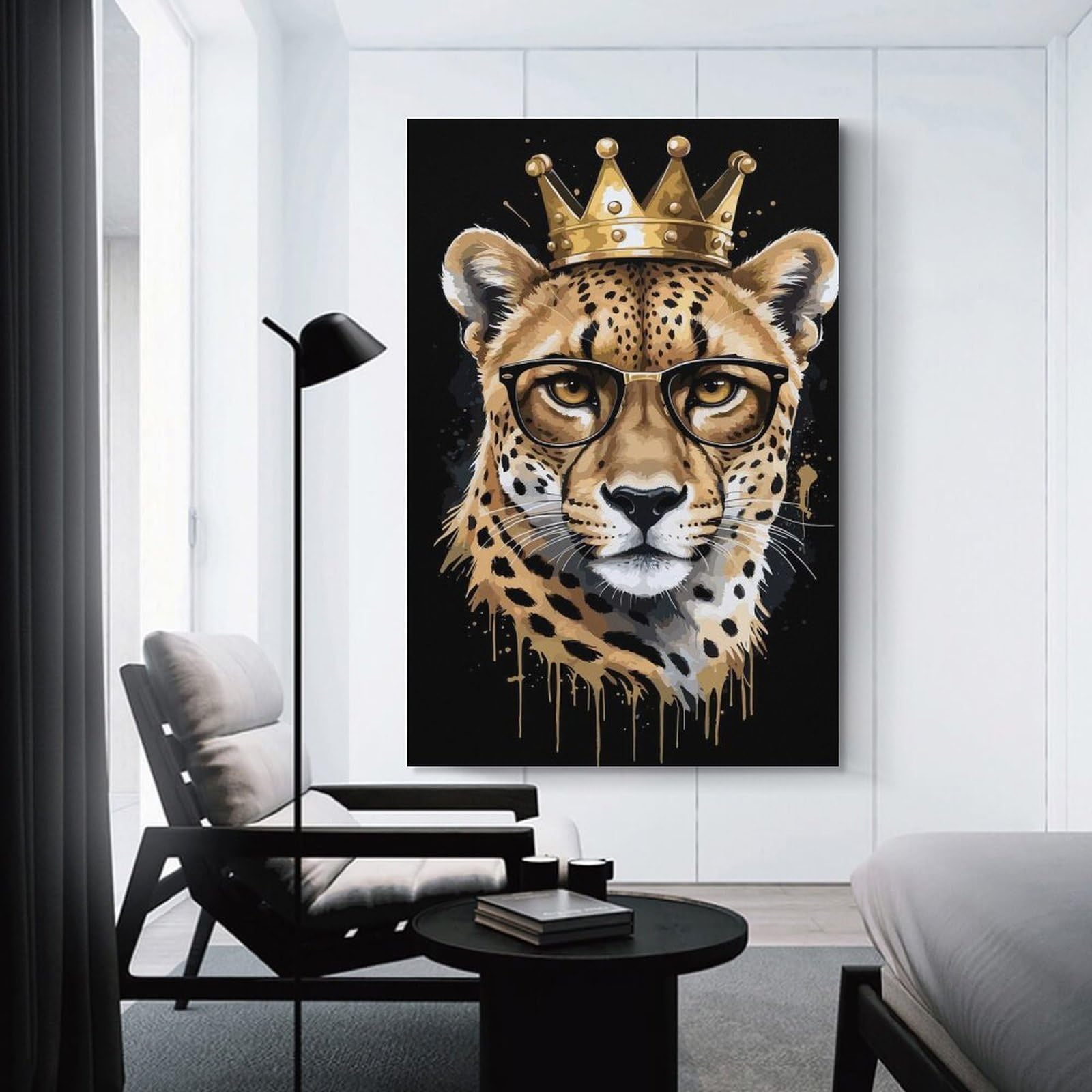 Junmoney Unframe-Style-7 Cheetah With Crown And Glasses Room Decor Wall Art, 12X18inch(30X45cm), For Entrance Spaces, Stair Walls Or Halls, A Stylish Accent For Home Entrances