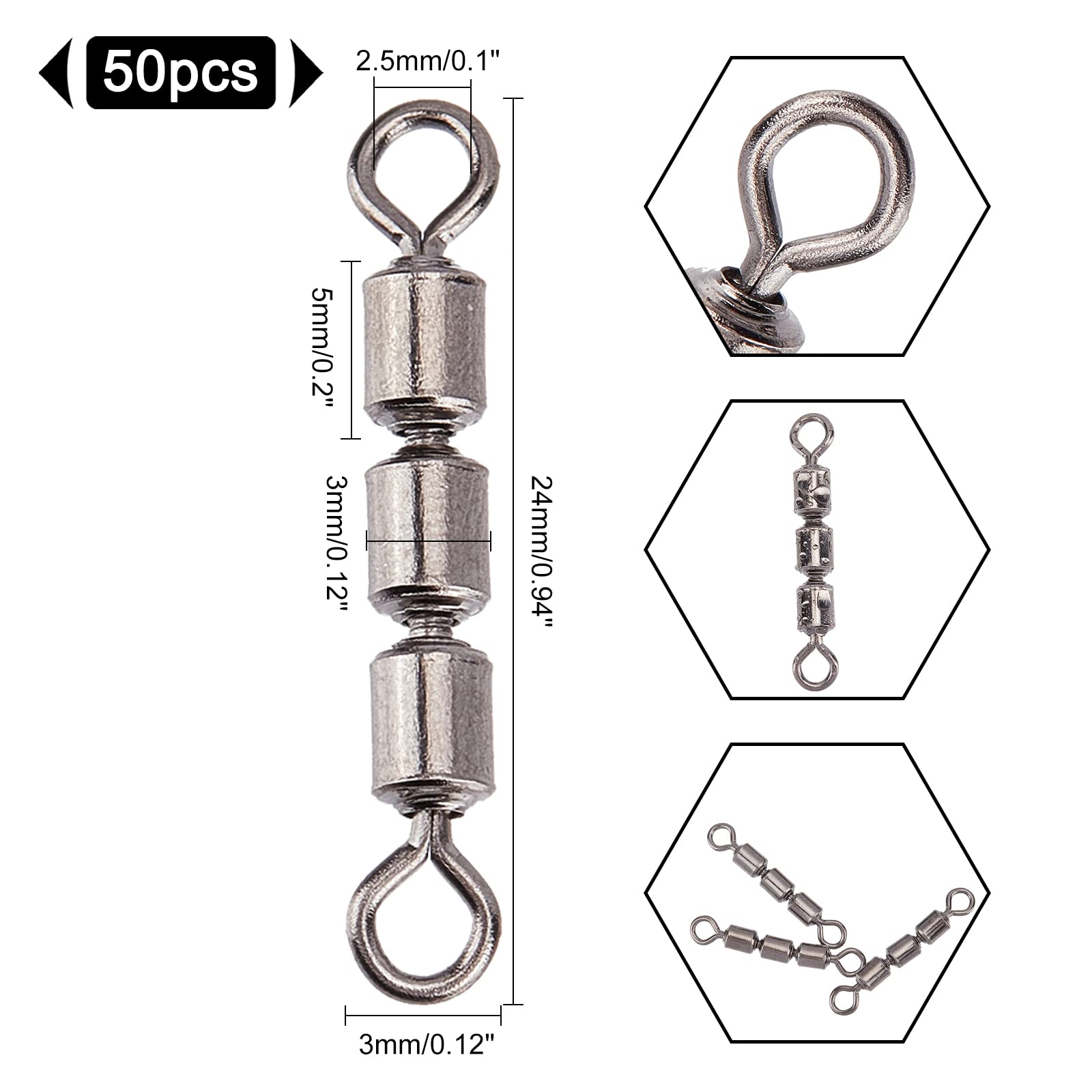SUPERFINDINGS 50 pz Ad Alta velocità 3 rulli Girevoli 24x3 mm Ottone Pesca Connettore Cuscinetto Volvente Pesca Connettori A Scatto Girevoli per Acqua Salata Pesca d'Acqua Dolce