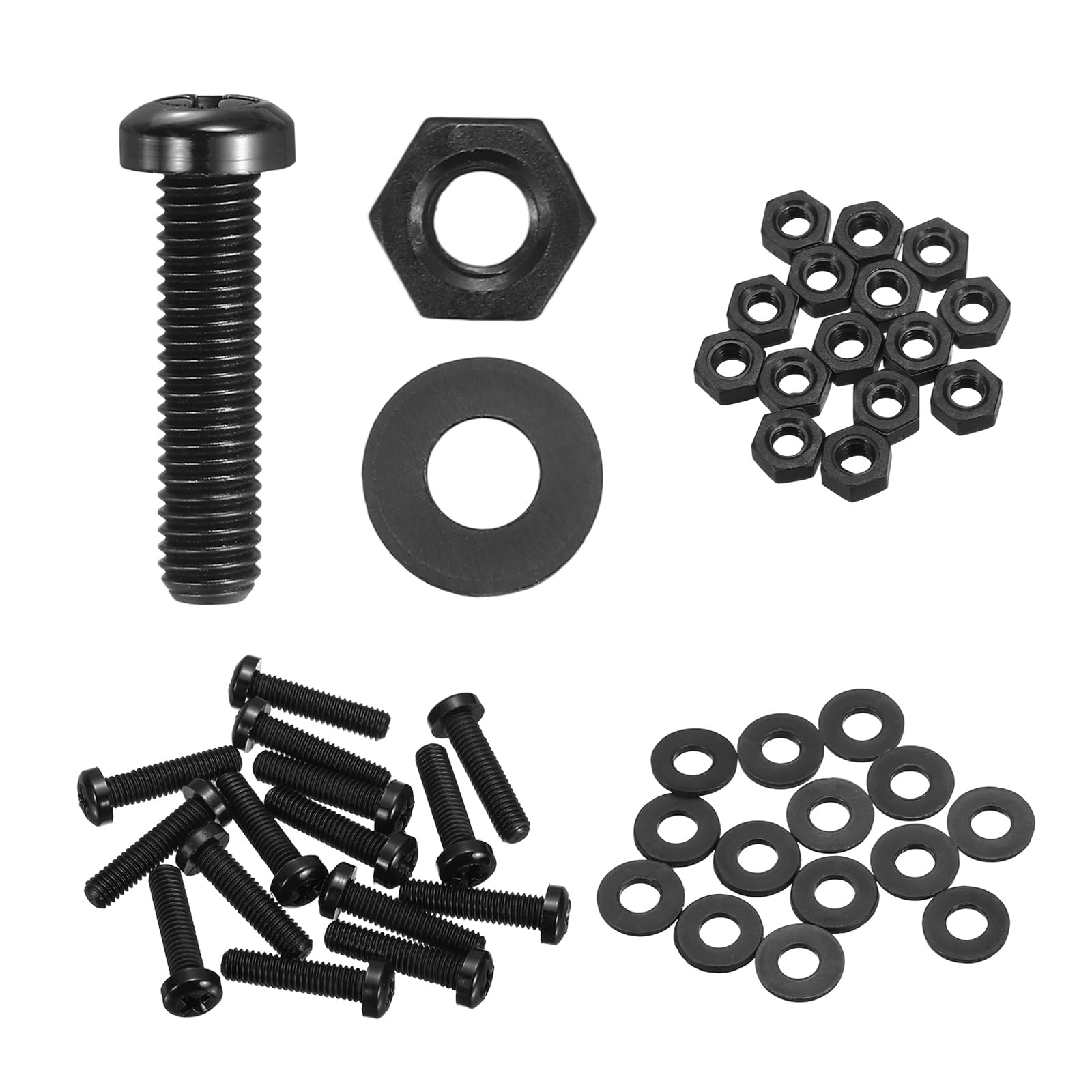 sourcing map 15 Set M6x25mm Nylon PA66 Plastic Cross Round Head Screw Phillips Bolts Hex Nuts Flat Washers Assortment Kit, Metric Full Thread Bolt Fasteners for DIY Machine Assembly, Black โ image 1