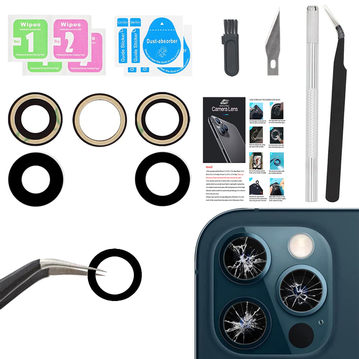 Camera Lens Replacement for iPhone 13 Pro & 13Pro Max, GVKVGIH Back Camera Len Glass Replacement with Double-Sided Adhesive & Repair Tool Kit