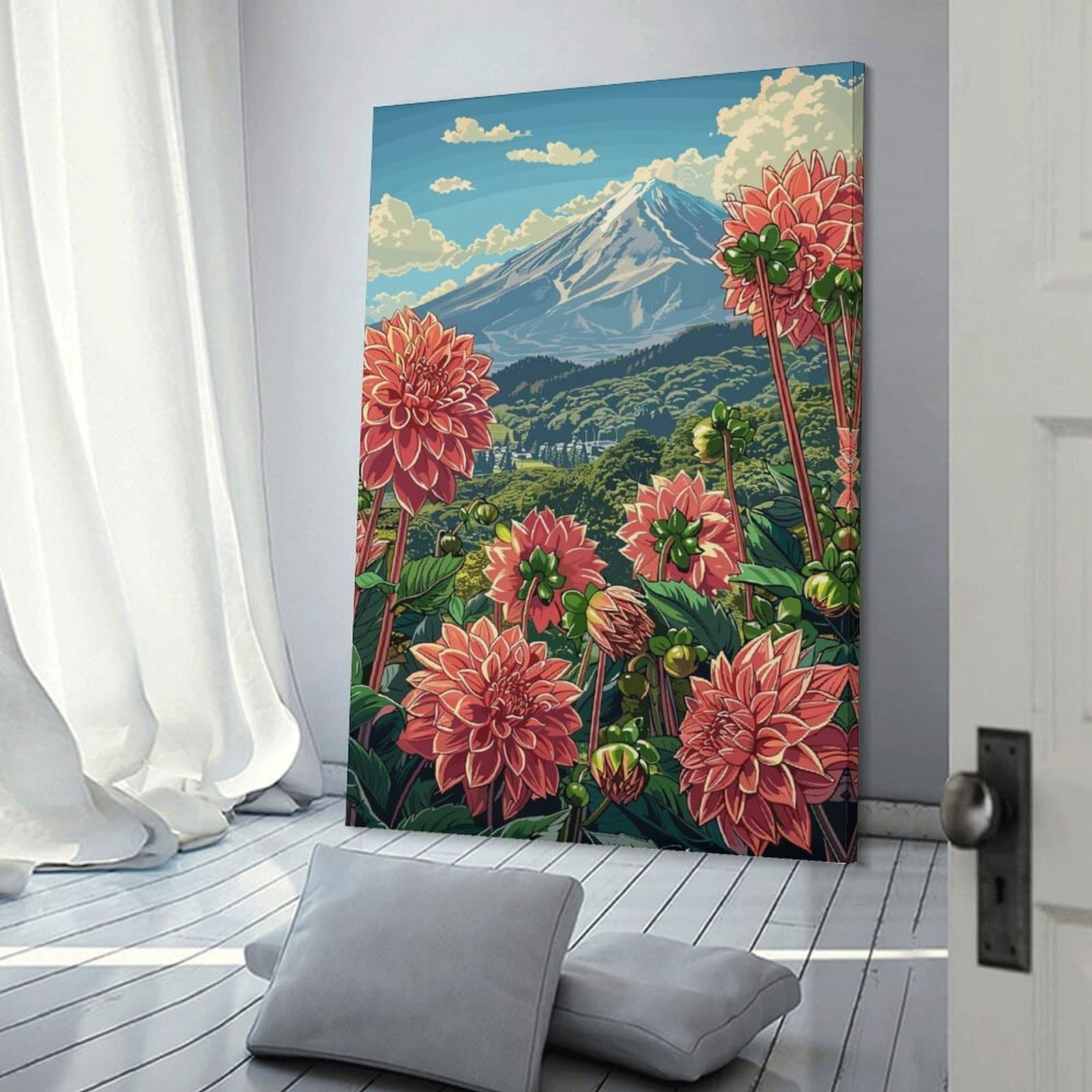 Junmoney Frame-Style Mount Fuji & Dahlias Wall Picture Print, 24X36inch(60X90cm), For Art Walls, Layered Displays Or Homes, Home Wall Art For Statement Displays