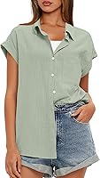 Darong Women's 100% Cotton V-Neck Button-Down Short Sleeve Shirt with Pockets - Casual Summer Blouse Top