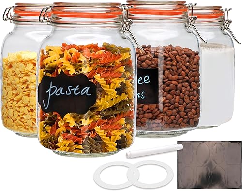 Miniatura 1 de Encheng Tarros de vidrio de 50 onzas con tapas de abrazadera, juego de 4, tarros cuadrados de boca ancha de 50.7 fl oz con tapas herméticas,