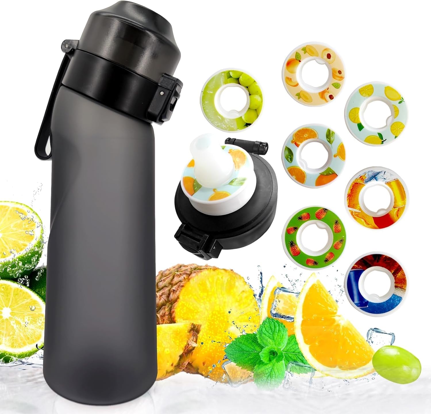 Sports Air Water Bottle Starter Set Drinking Bottles,650ML Fruit Fragrance Water Bottle with 7 Flavour Pods,0% Sugar Water Cup for Gym and Outdoor (Black)