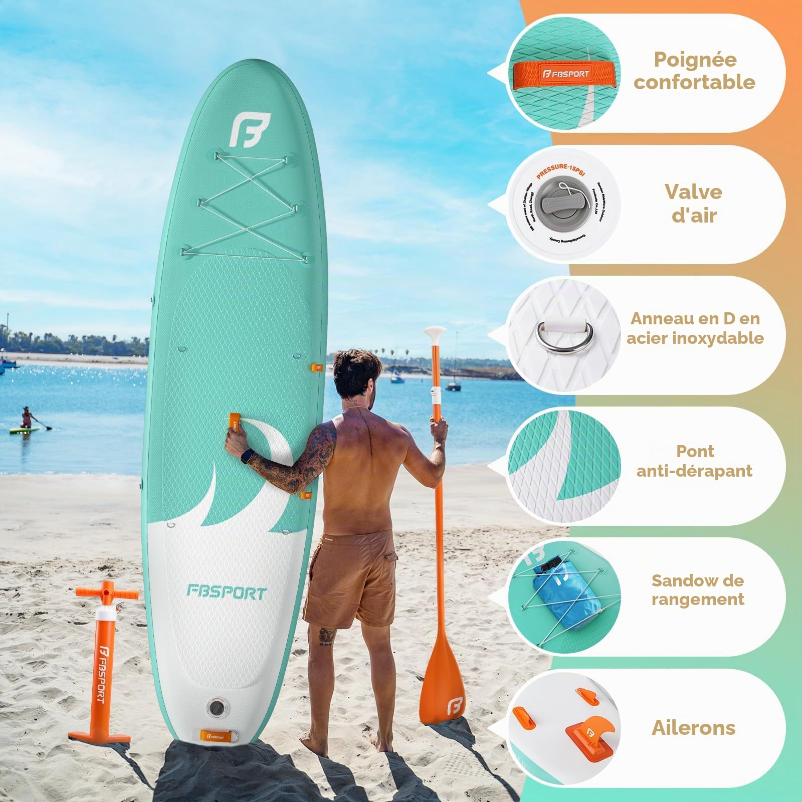 FBSPORT Planche de Surf Paddle Gonflable 335cm Stand Up Paddle avec Pagaie Réglable, Pompe, Sac & Aileron