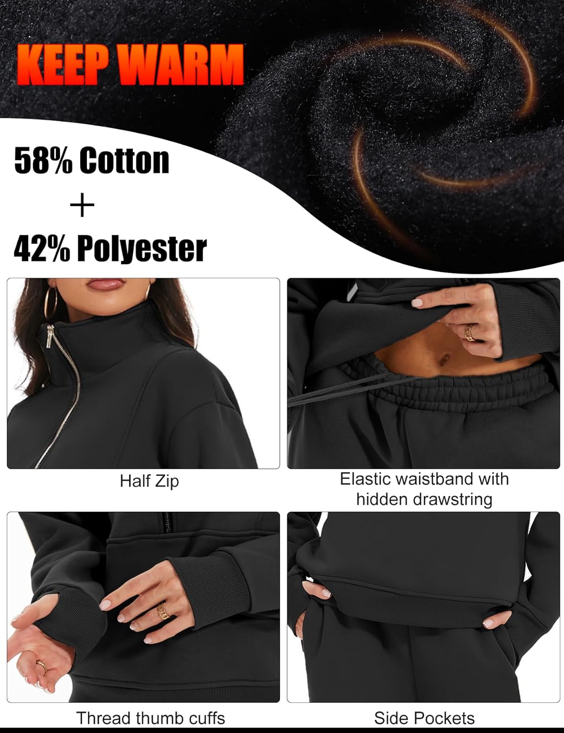 PEHMEA Women's Fall 2 Piece Sweatsuit Outfit Fleece Loose Long Sleeve Half Zip Pullover Comfy Lounge Sets for Women - Image 4