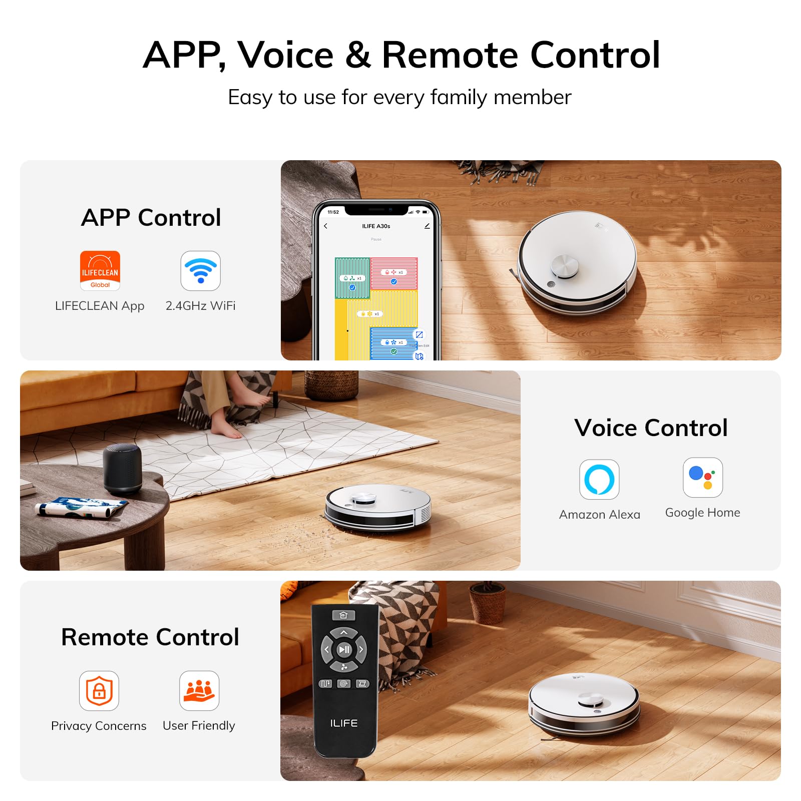 ILIFE A30s Robot Vacuum Cleaner, 10000Pa Max Suction Power with Lidar Navigation, Home Mapping, No-Go Zone, 150 Mins Max, 2.4G WiFi/App/Alexa/Remote Control, for Hard Floor, Carpet and Pet Hair - image 8