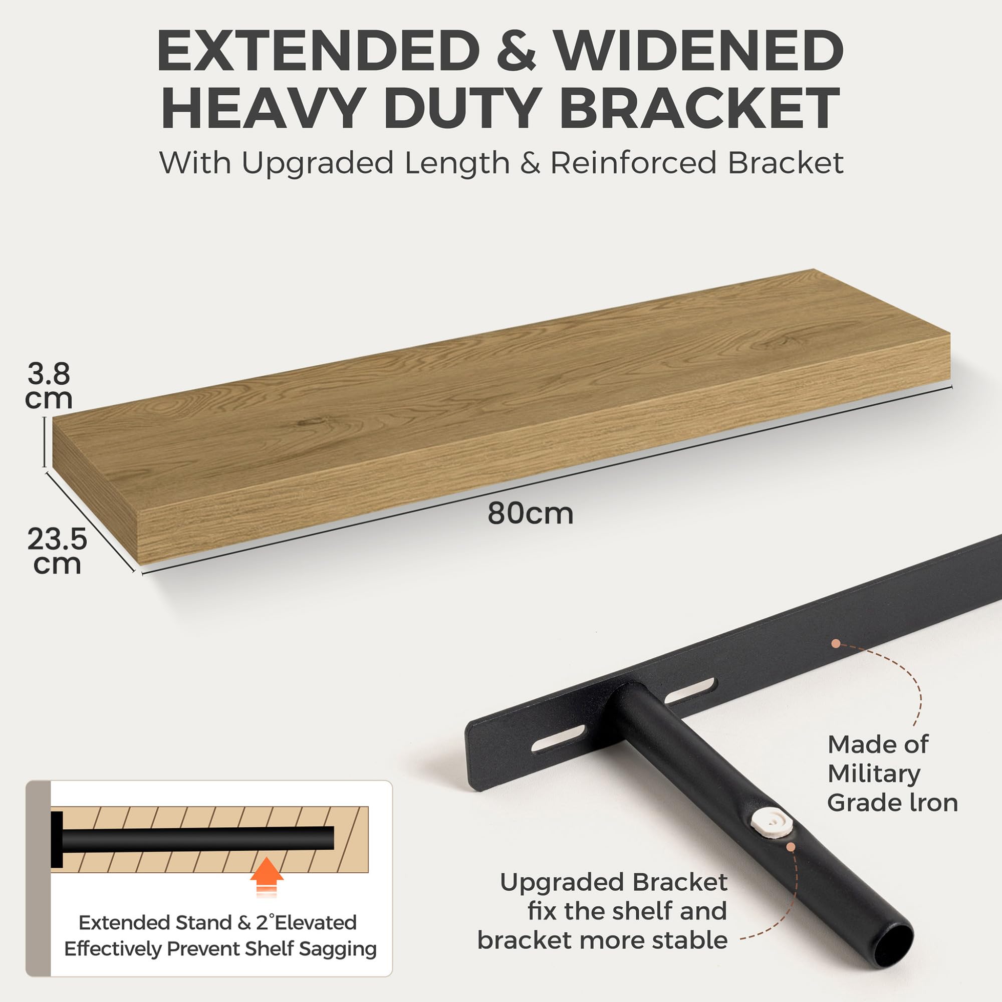 Acovy Lot de 2 étagères murales flottantes en bois pour salon, salle de bain, chambre à coucher, cuisine, chêne - 23,5 cm de profondeur - 80 cm de long