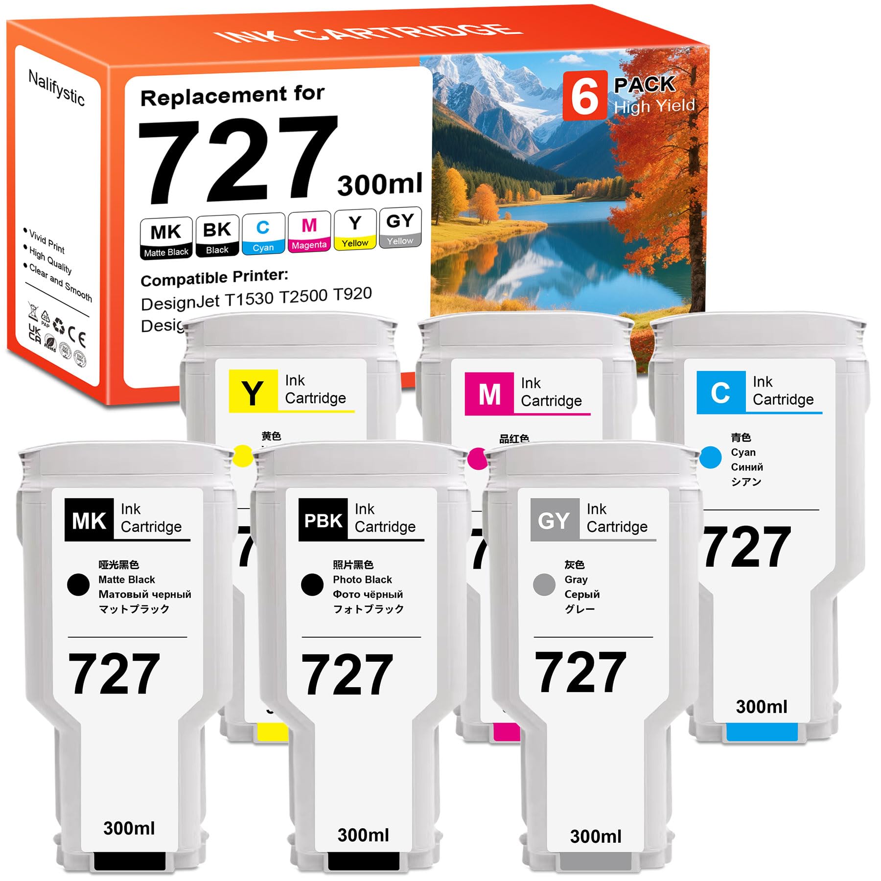 Nalifestic Wkłady atramentowe 300 ml, 727, 727XL, kompatybilne z HPQ 727 B3P20A, B3P21A, B3P22A, B3P23A do drukarek DesignJet T1530, T2500, T920 (zestaw 6 czarnych matowych, czarny fotograficzny