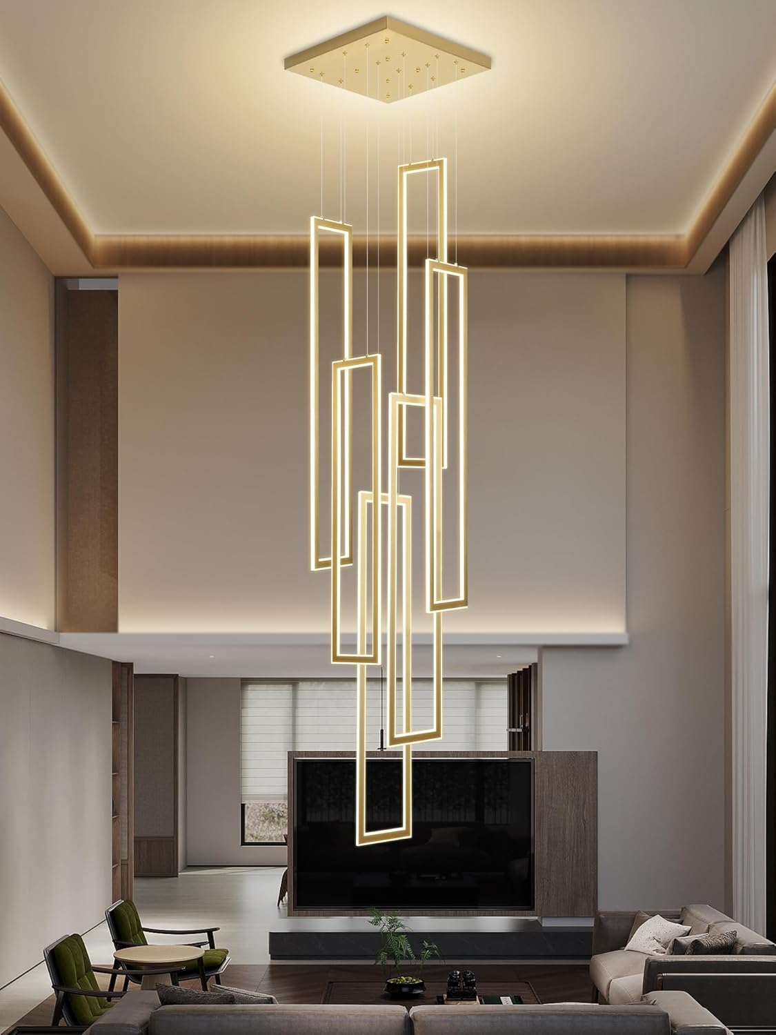 ykolupty 6-Rings Modern Chandelier,H138 Rectangle Chandeliers for Staircase,LED Dimmable High Ceiling Chandeliers Large Contemporary Chandelier for Villa Foyer Gold