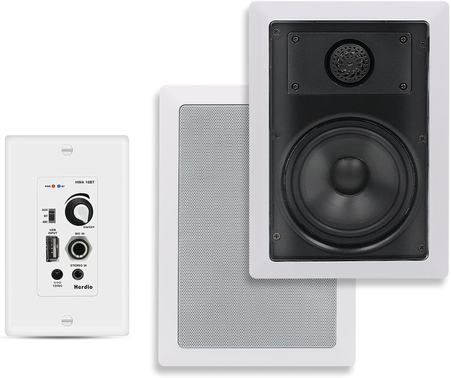 HerdioBluetooth Ceiling Speakers Package in Wall Bluetooth Amplifier Volume Control Receiver with 5.25 Inch in Wall & Ceiling Speakers for Indoor & Outdoor (A Pair)