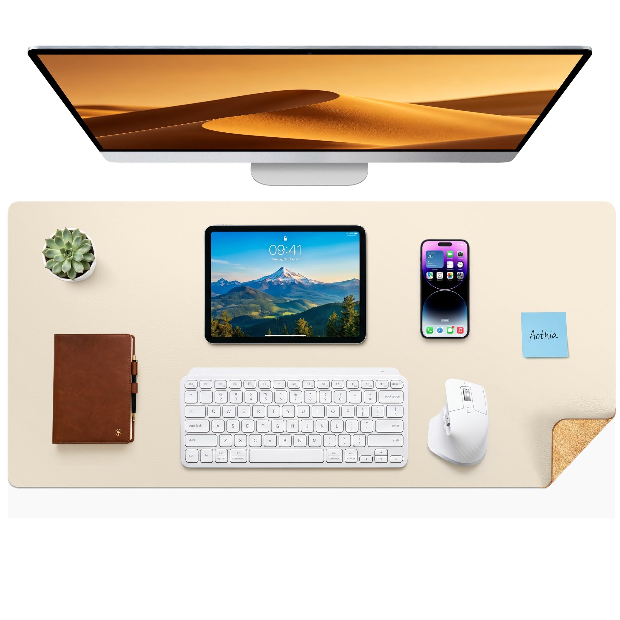 Aothia Cork Desk Mat, Double-Sided Desk Mat with Natural Cork & PU Leather, Mouse Pad/Table Protector, Easy to Clean, Waterproof for Office/Home/Decoration (Beige, 96 x 43 cm) โ image 1