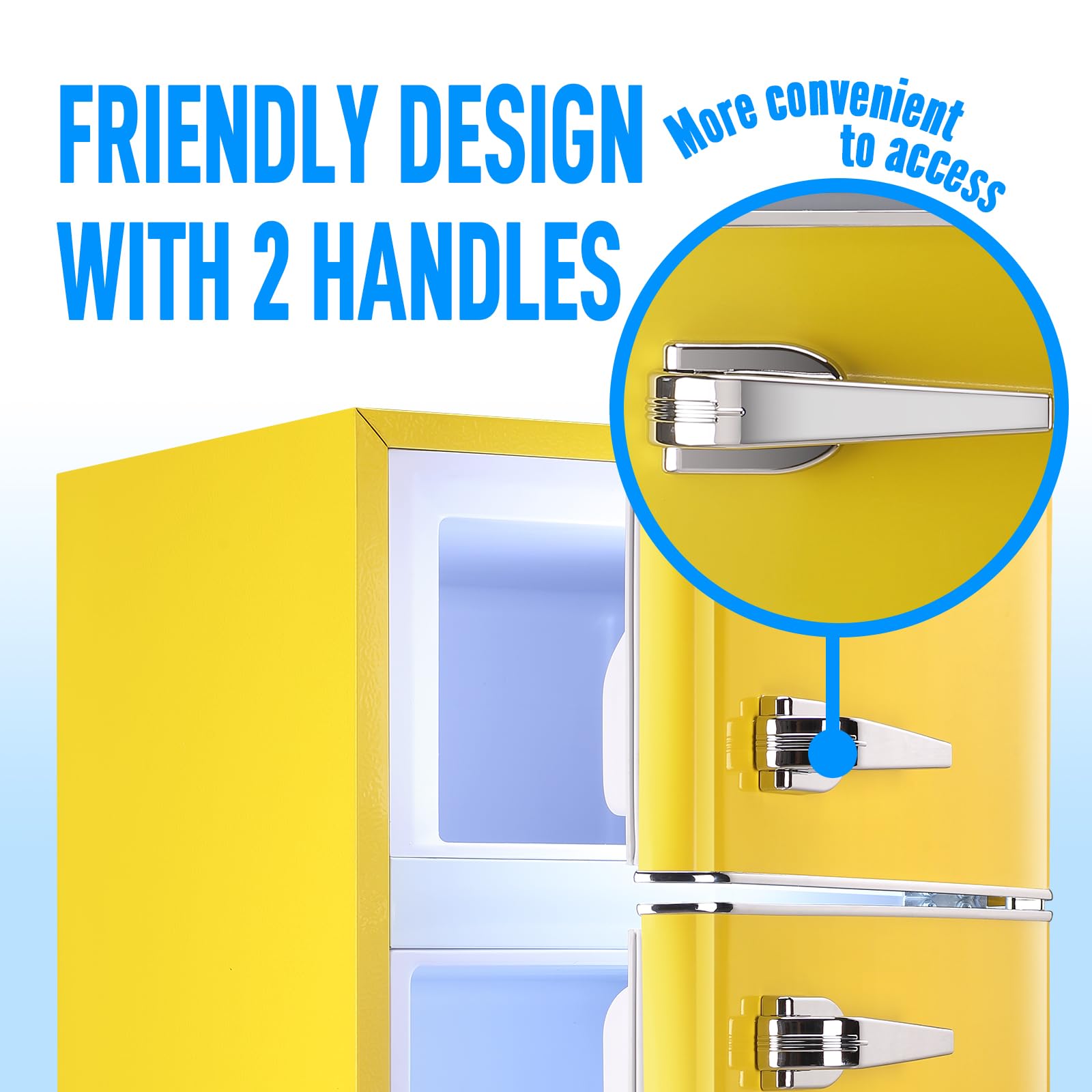WANAI 2 Door 2 Handle Mini Refrigerator With Freezer-On-Top, Spacious 3.5 Cubic Feet Capacity Small Fridge With 7-Level Adjustable Thermostat & 2 Removable Shelves Yellow on Fridge.com - View 6