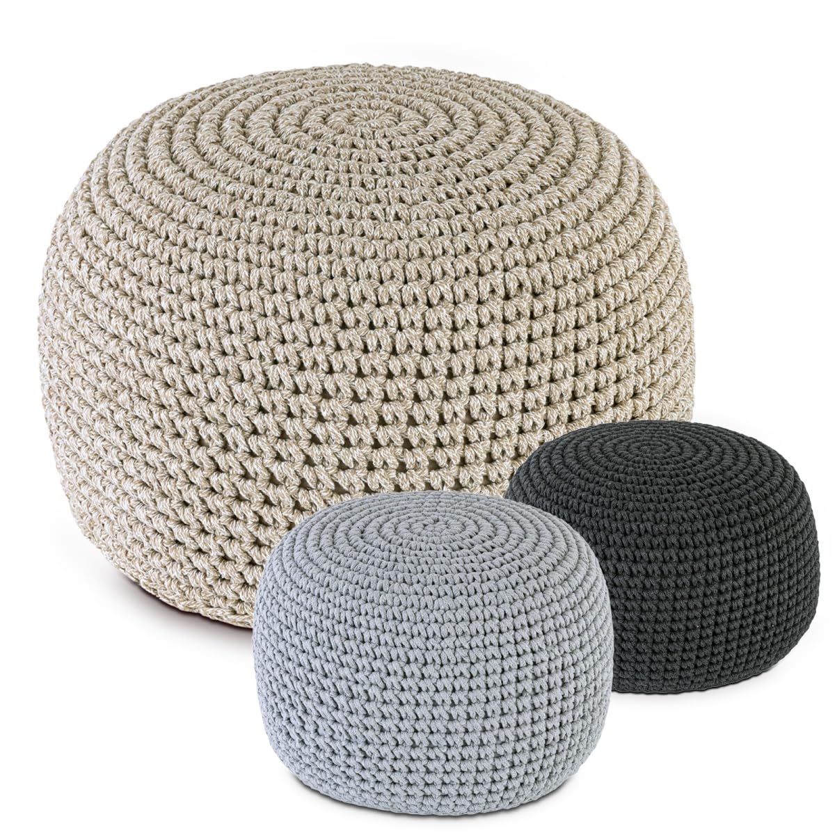 Bodenkissen Pouf Ø55 H37 Mohair Sitzhocker Sitzpouf waschbar nachfüllbar Farbe beige - weiß