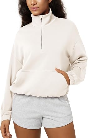 ODODOS Womens Modal Soft Cinchable Sweatshirts Half Zipper Funnel Neck Oversize Pullover with Pockets