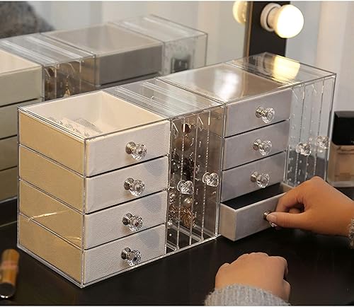 Miniatura 5 de Joyeros para mujer, joyero de acrílico transparente para mujer, con 4 cajones, soporte para aretes colgantes, organizador de joyas para aretes,