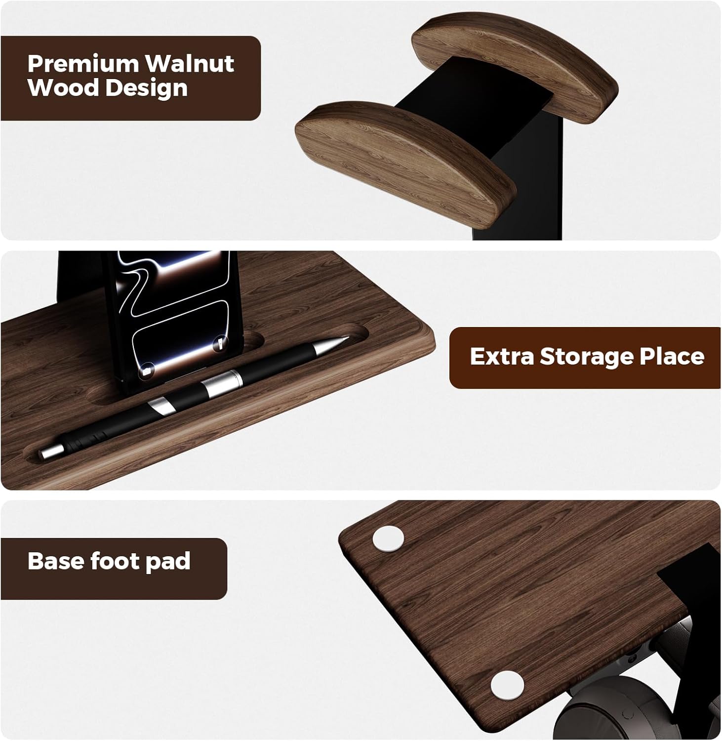 Walnut Headset Stand for Desk with Phone Holder | Headphone Stand Headphone Holder (Dark Walnut)