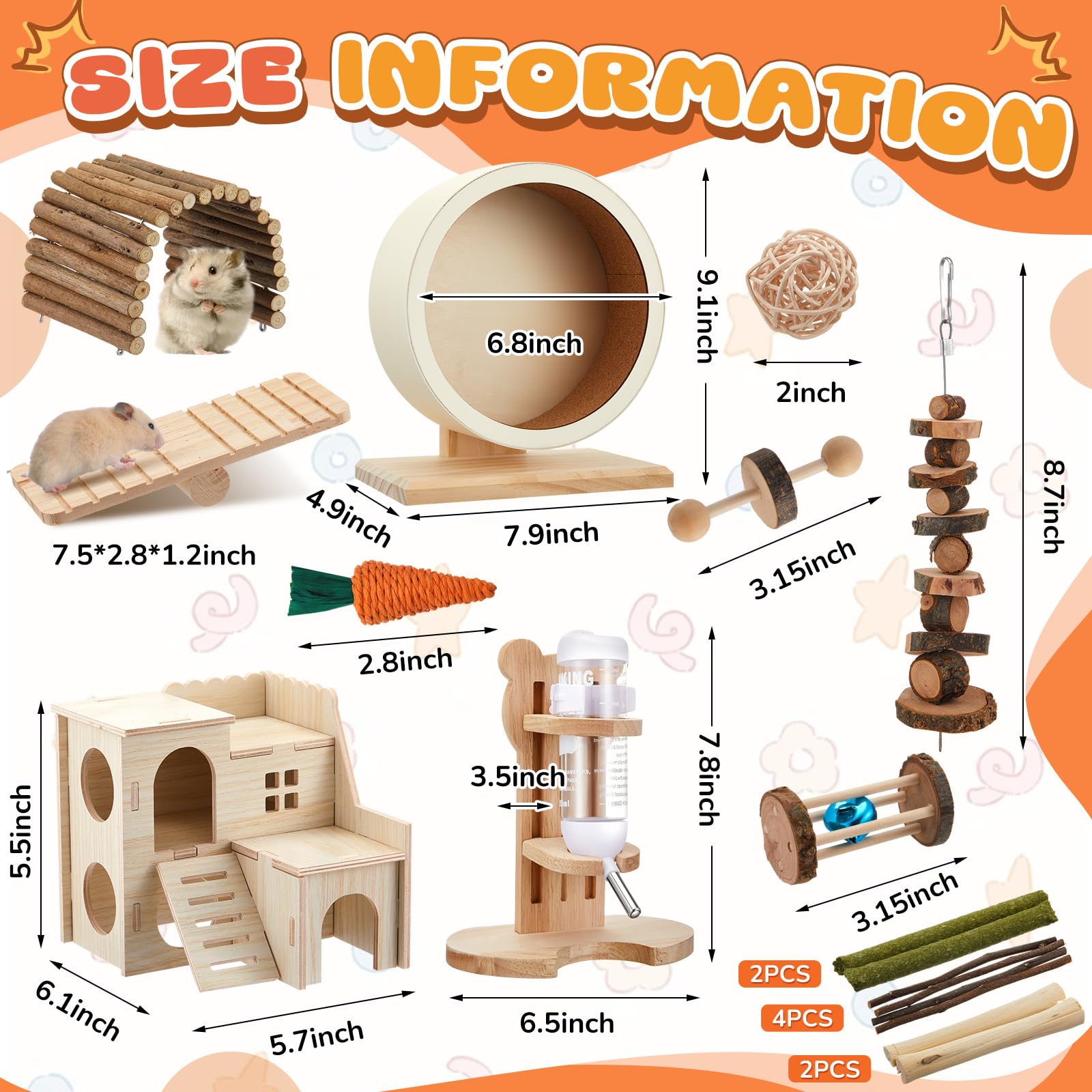 18-teiliges Hamsterkäfig-Zubehör, leises Hamsterrad, 15-teiliges Kauspielzeug-Set, Labyrinth-Holzhaus und Wasserflaschen-Set für Ratten, Mäuse, Kleintiere, Lebensraum (Harmonie-Holzstil)