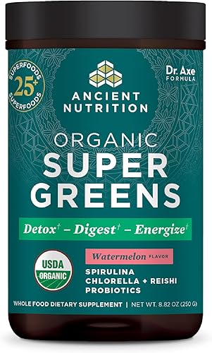 Ancient Nutrition SuperGreens Polvo con probióticos verduras orgánicas sabor sandía hechas de frutas verduras y hierbas reales para apoyo digestivo