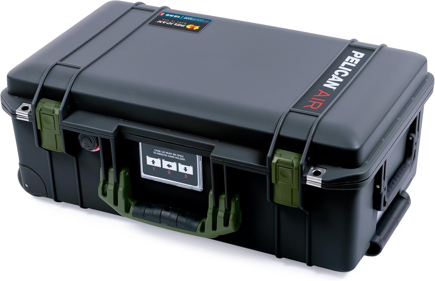 Pelican Air 1535 Carry-on Case by ColorCase - Black - Medium Size Waterproof Case with TrekPak Divider System & Mesh Lid Organizer - OD Green Handles & Latches