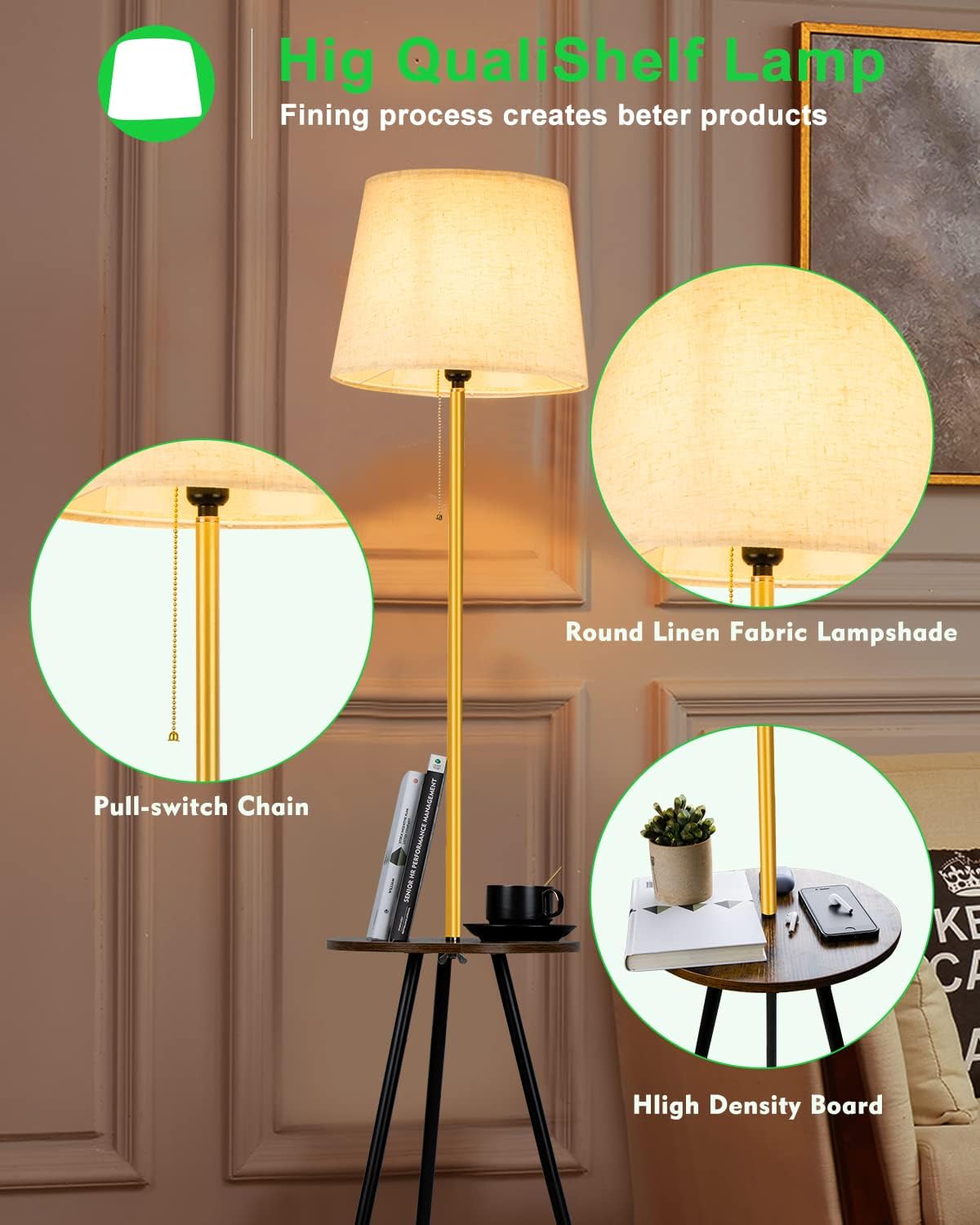 Shelf Floor Lamp, Standing Reading Light with Shelves for Living Room, Modern Tall Pole Lamp with Fabric Shade and E26 LED Bulb,Corner Display Bookshelf Lamp for Bedroom Bedside/Sofa Corner