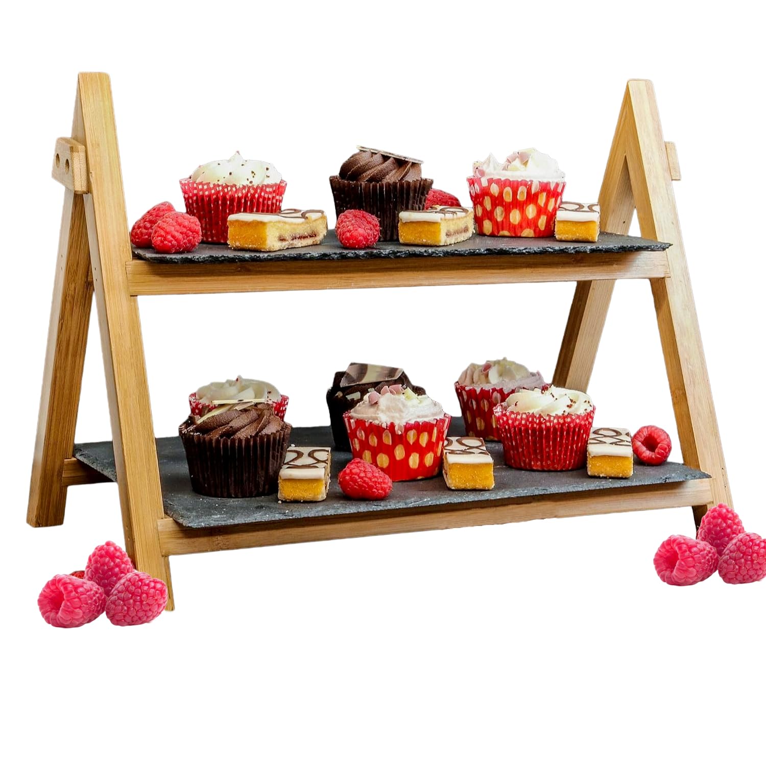 Magna Retail Natural, Black 2 Tier Slate Cake Stand | Afternoon Tea Stands | Rustic Serving Platter For Desserts | Antipasti & Tapas Tray | Platters For Party Food | Foldable Food Display Rack