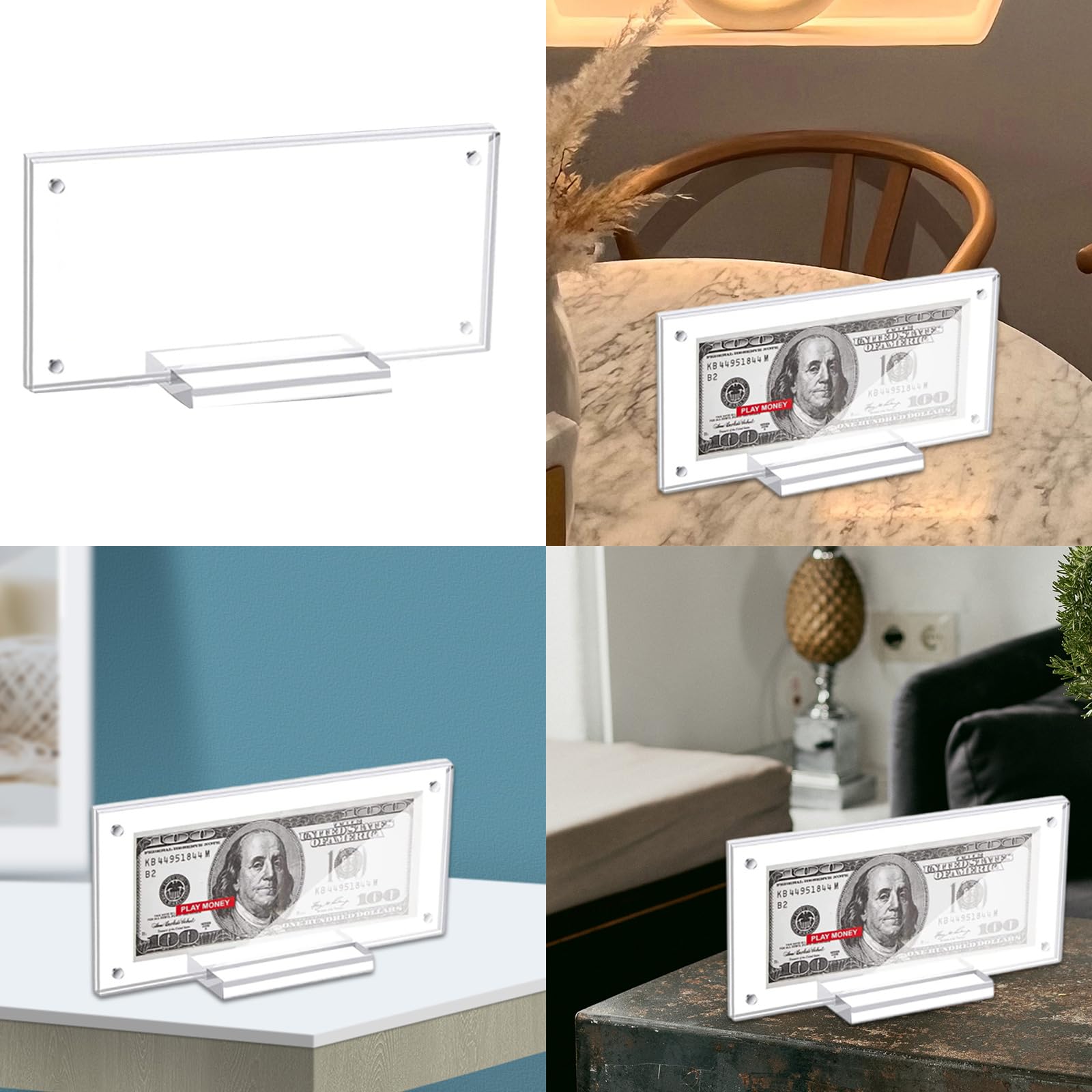 Présentoir à billets en acrylique transparent pour billets de banque